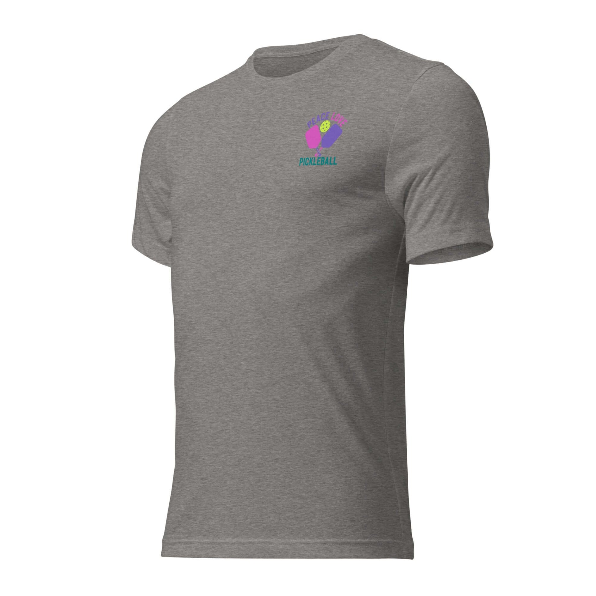 Women's short sleeve gray t-shirt featuring peace, love, and pickleball design, perfect for sports and casual wear.