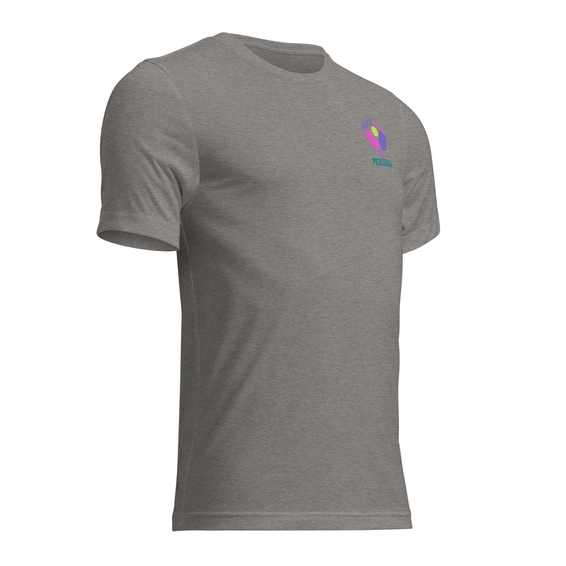 Women's Peace, Love, Pickleball Short Sleeve T-Shirt in gray, perfect for pickleball enthusiasts and casual wear.