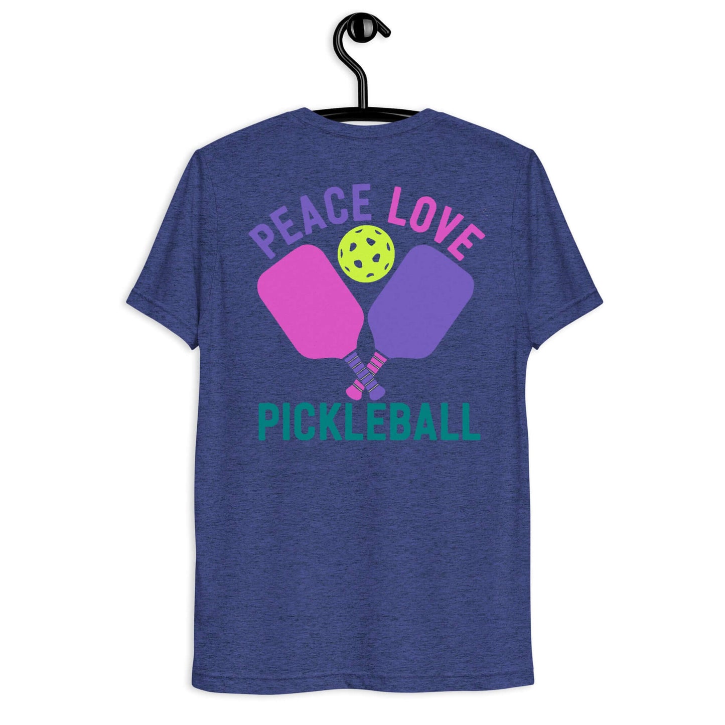 Women's Peace, Love, Pickleball Short Sleeve T-Shirt featuring paddles and a ball design.