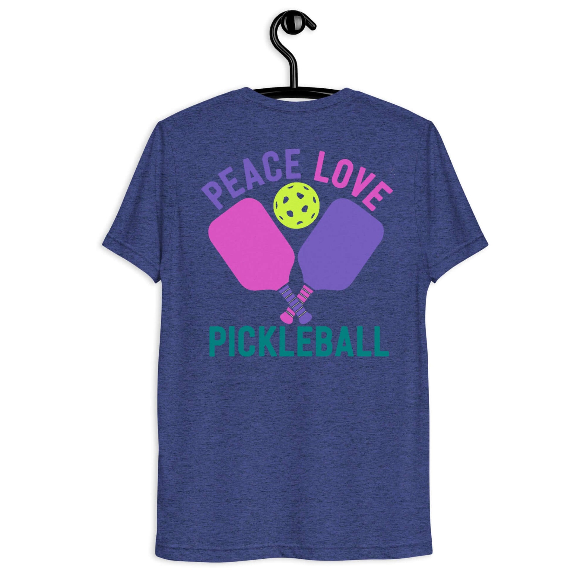 Women's Peace, Love, Pickleball Short Sleeve T-Shirt featuring paddles and a ball design.