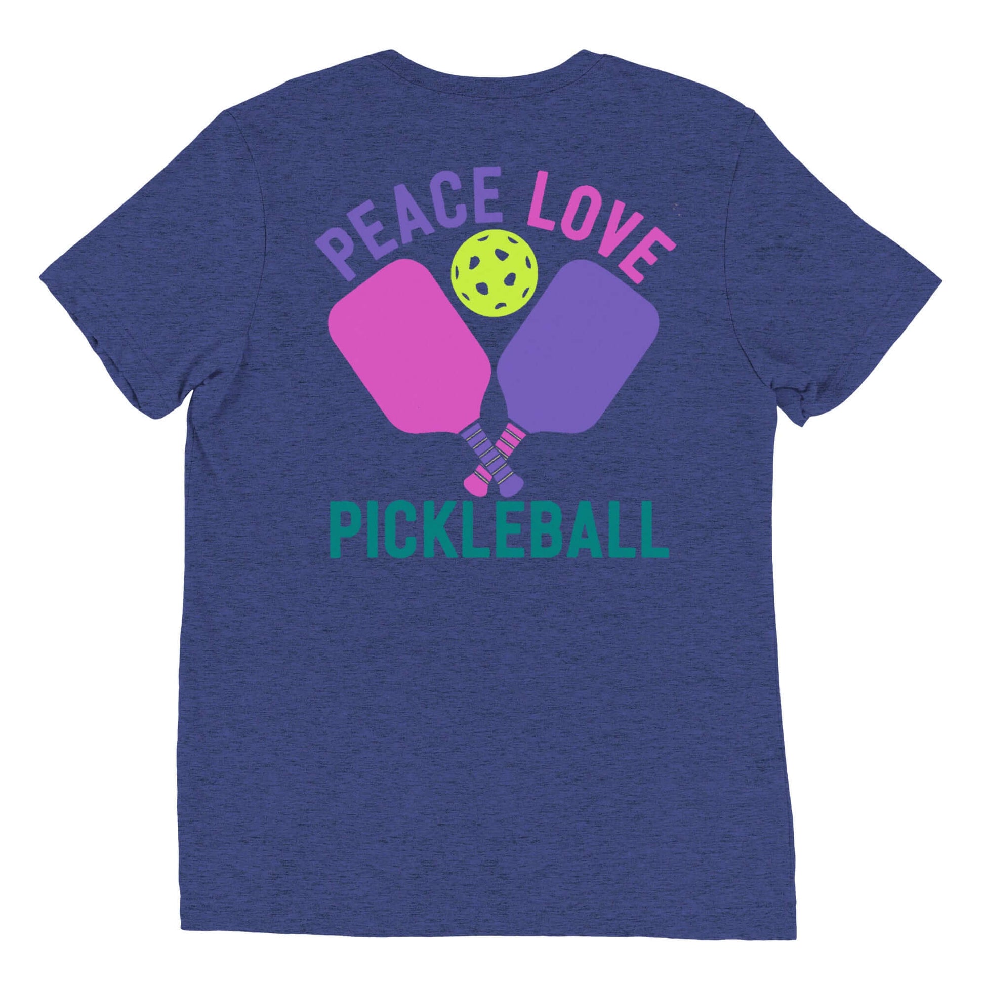Women's Peace, Love, Pickleball Short Sleeve T-Shirt with colorful paddles and ball design on back.