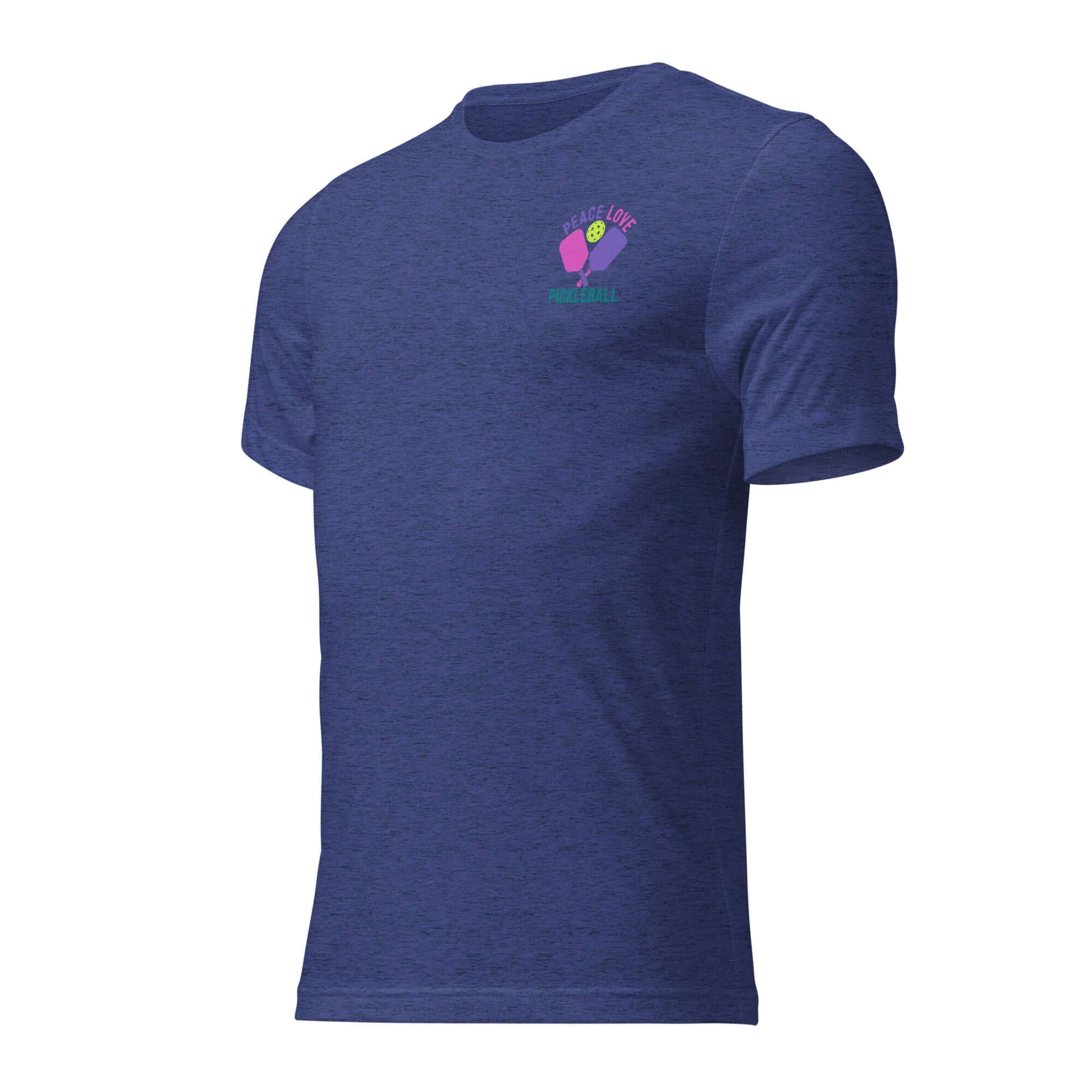 Women's Peace, Love, Pickleball short sleeve t-shirt in navy blue for casual wear and sports.