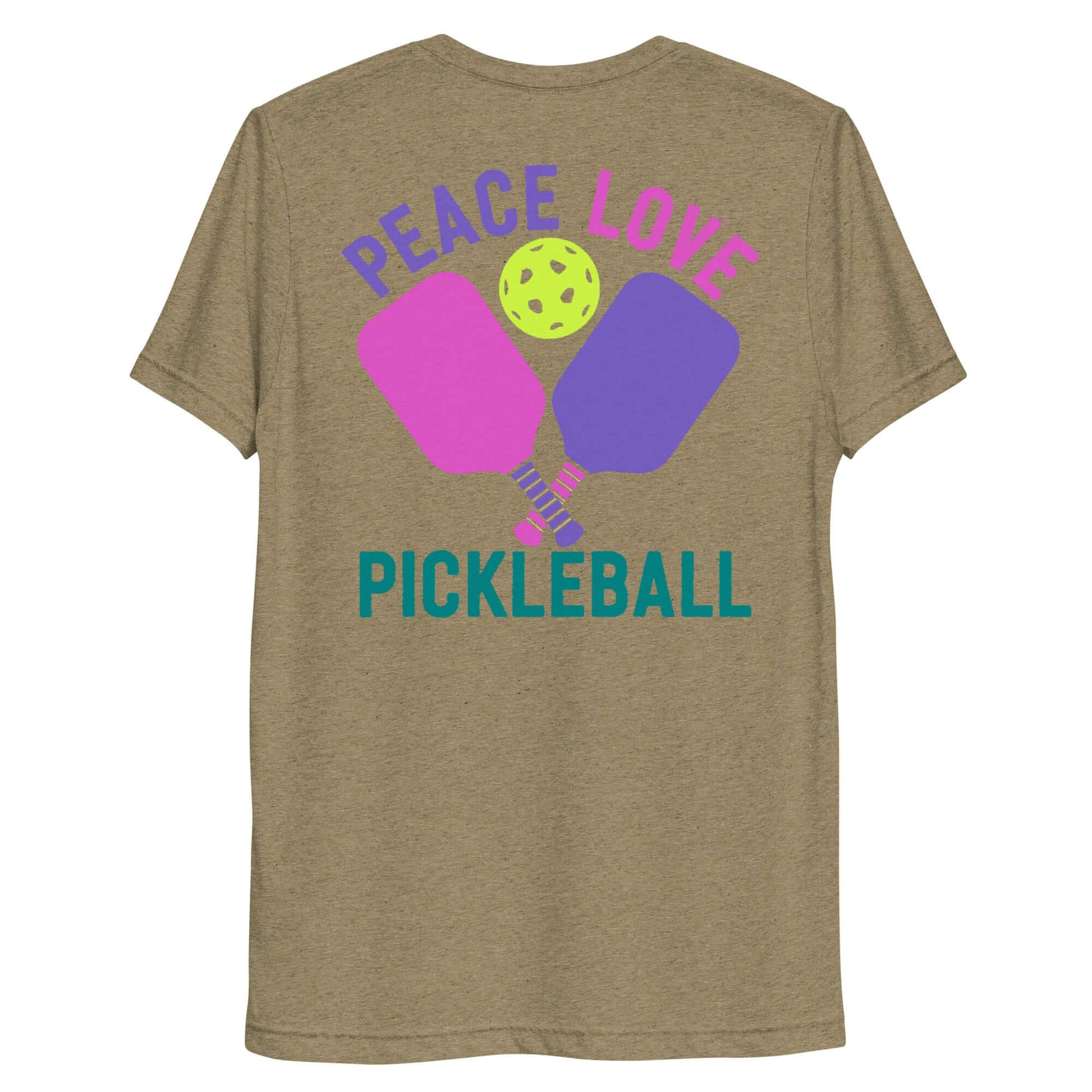 Women's short sleeve t-shirt featuring pickleball paddles and the text 'Peace Love Pickleball' on the back.