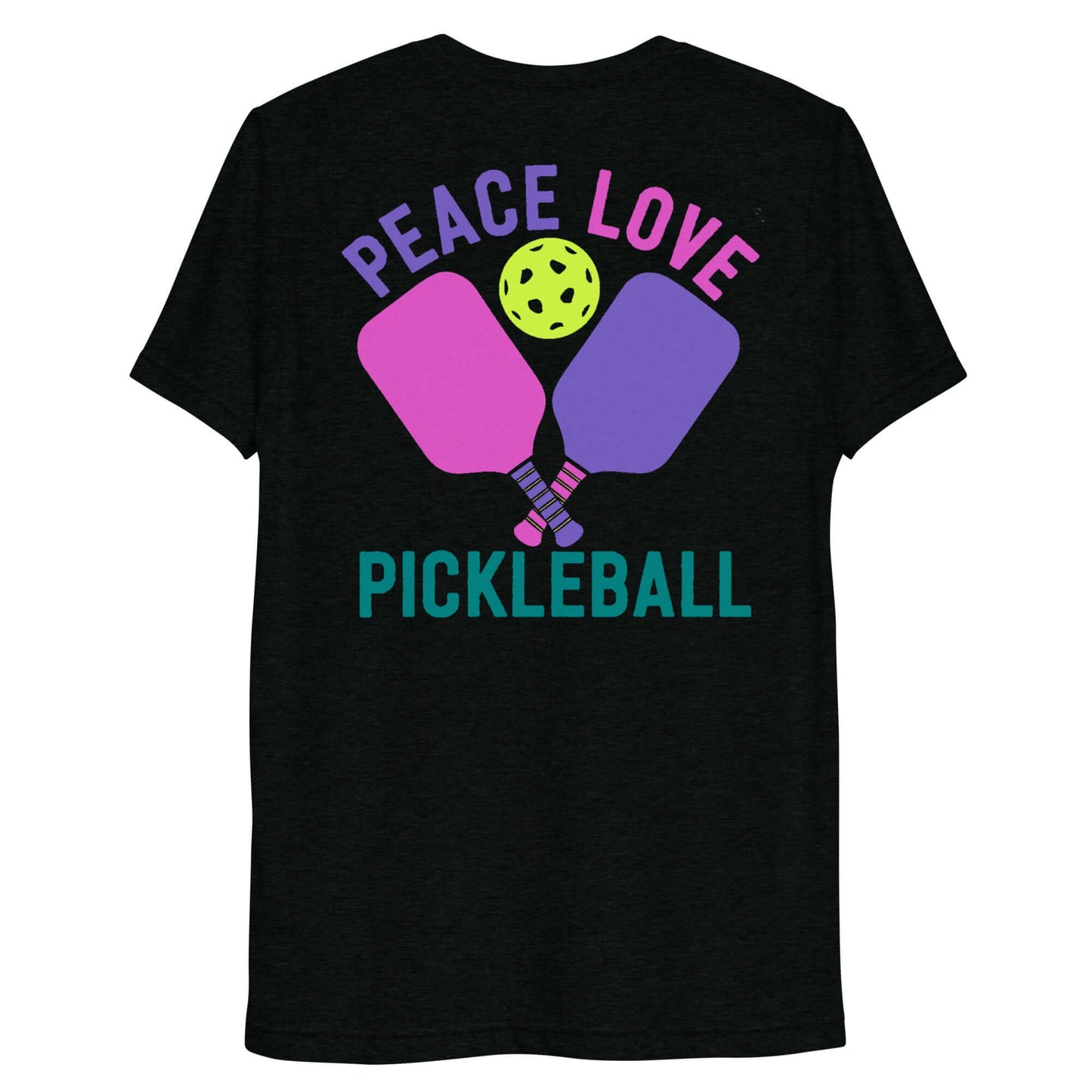 Back view of Women's Peace, Love, Pickleball T-Shirt featuring colorful paddles and a ball design.
