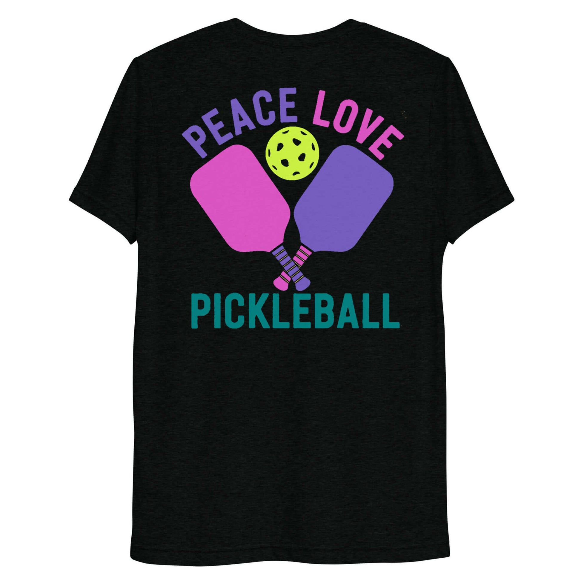 Back view of Women's Peace, Love, Pickleball T-Shirt featuring colorful paddles and a ball design.