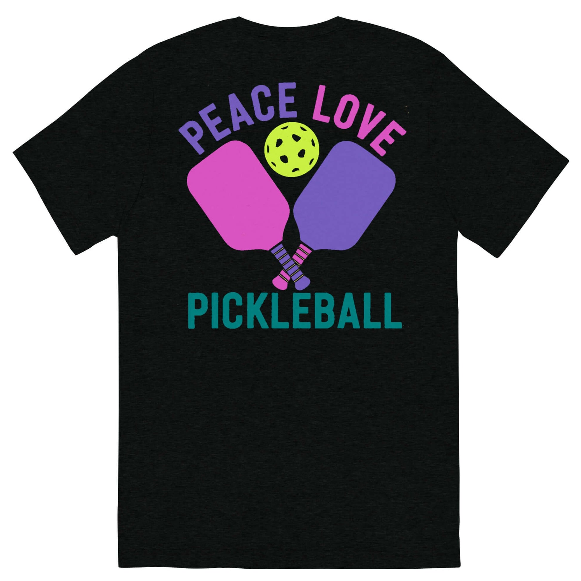 Back view of Women's Peace, Love, Pickleball T-Shirt featuring paddles and a pickleball graphic.