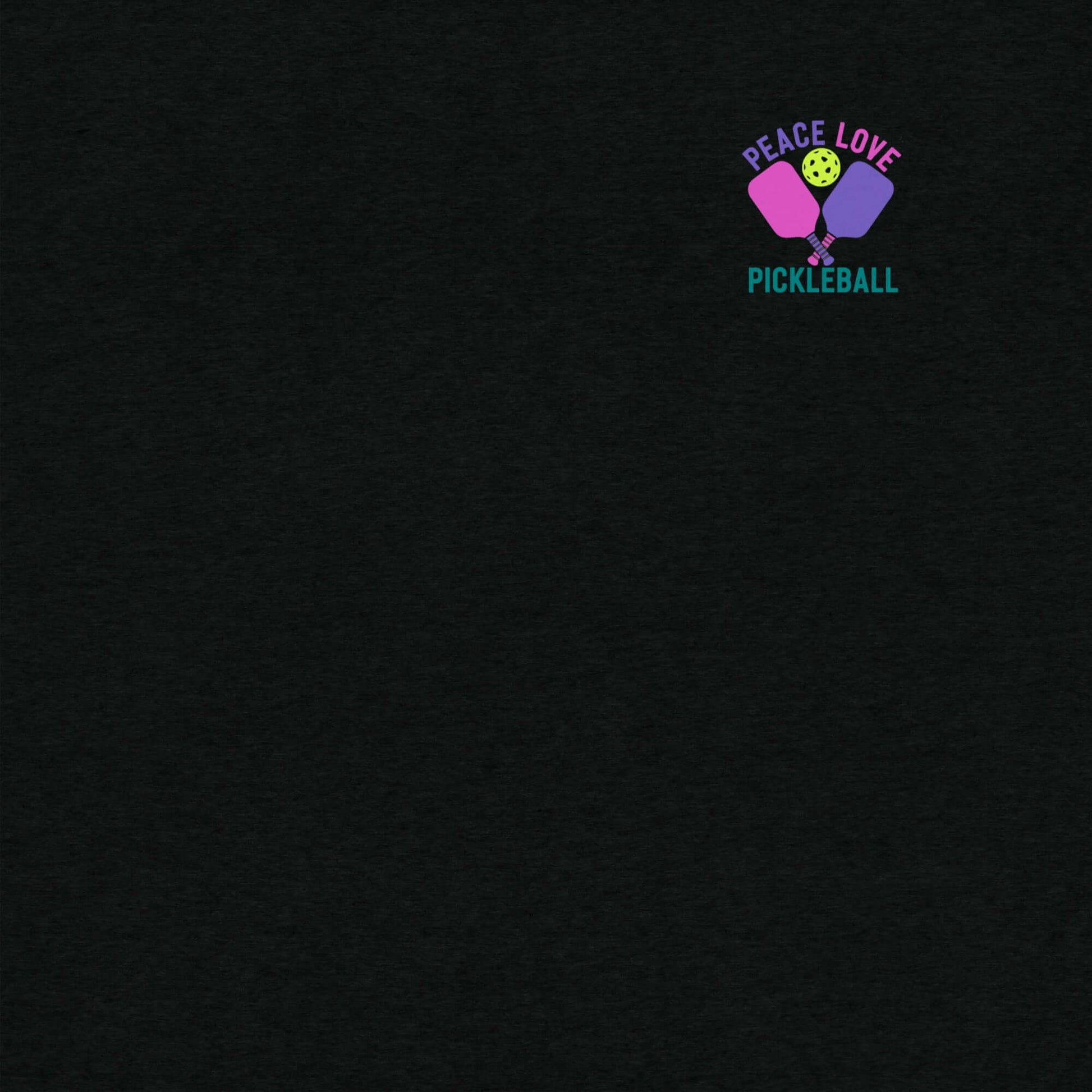 Women's Peace Love Pickleball graphic t-shirt design with vibrant colors and pickleball paddles.