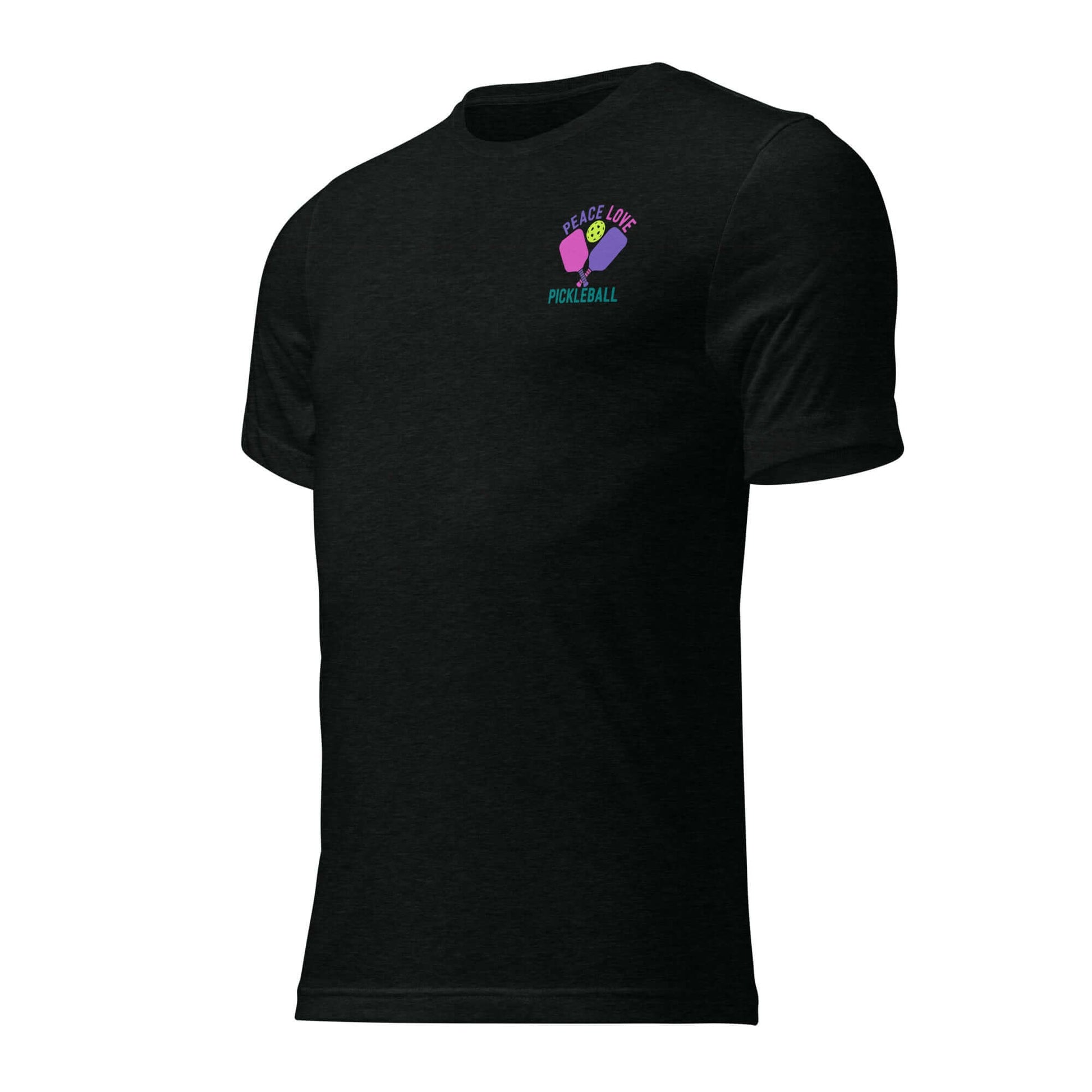 Women's Peace, Love, Pickleball Short Sleeve T-Shirt in black, featuring colorful graphic for pickleball enthusiasts.