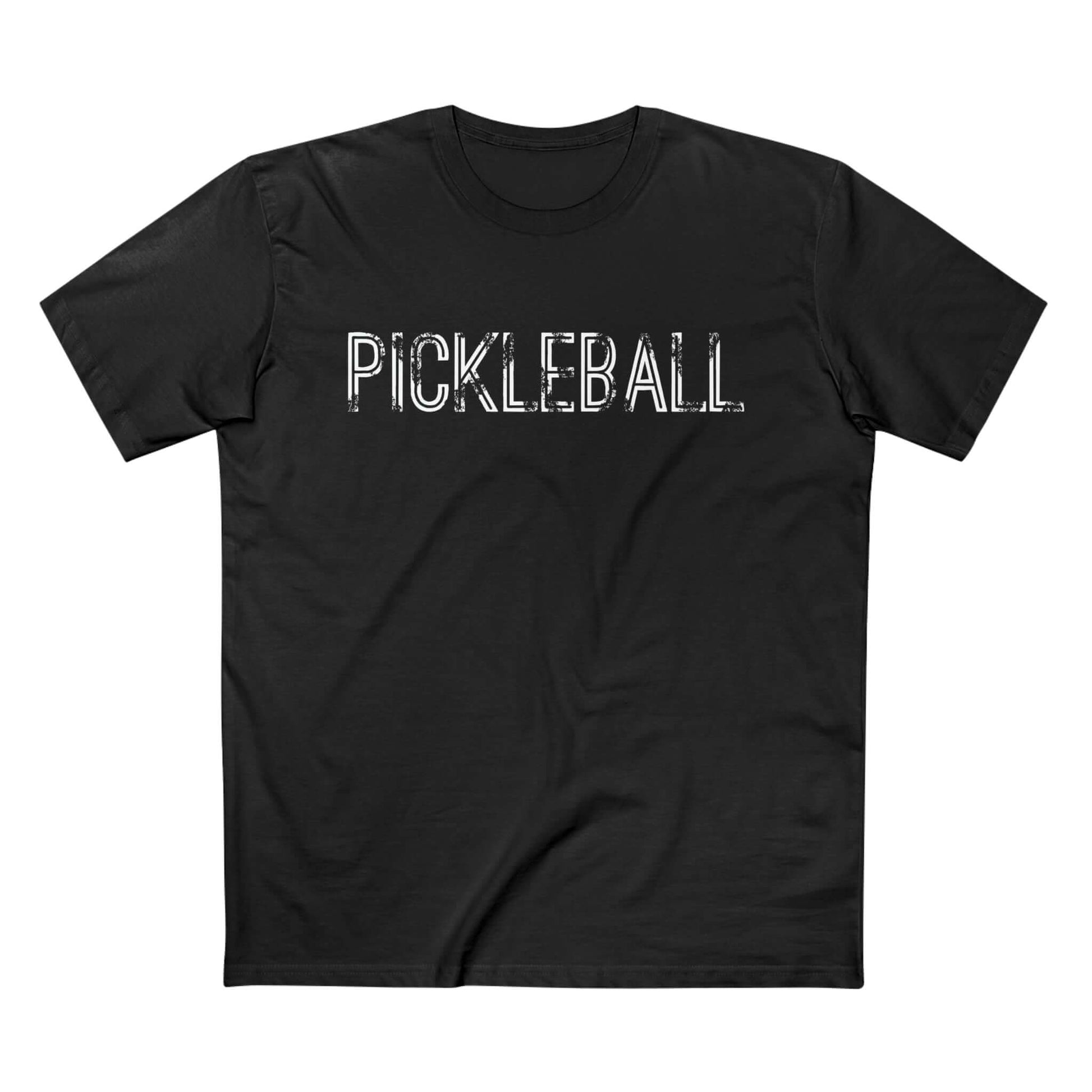 Black Urban Pickleball Series T-Shirt with "Pickleball" print, made from 100% combed, ring-spun cotton for comfort and durability.