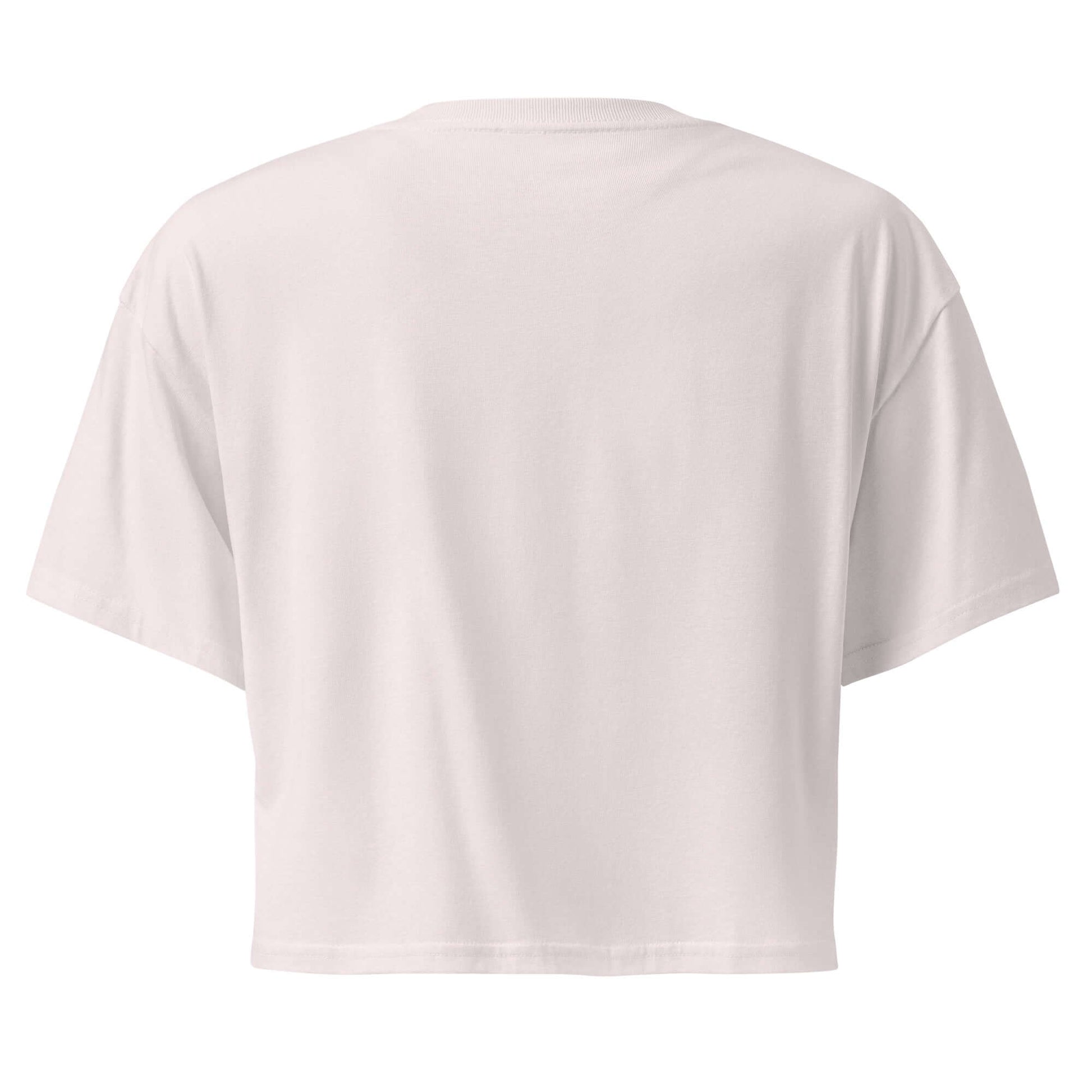 Back view of Women's Peace, Love, Pickleball Crop Top in white, showcasing its simple and trendy design.