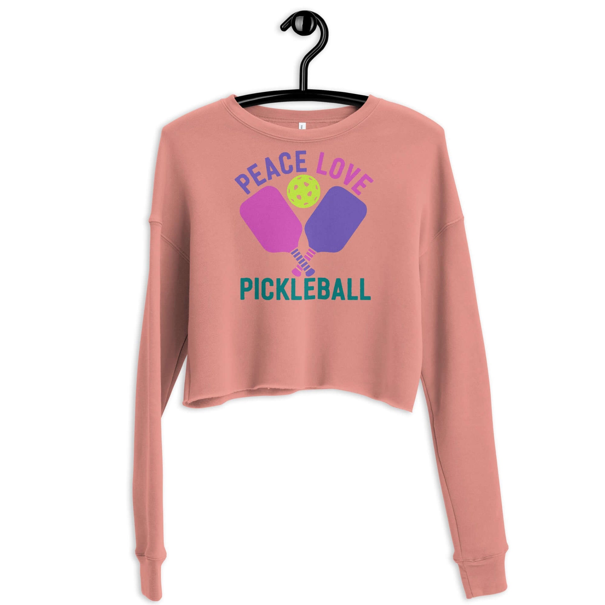 Women's crop sweatshirt featuring 'Peace Love Pickleball' graphic, perfect for stylish pickleball enthusiasts.