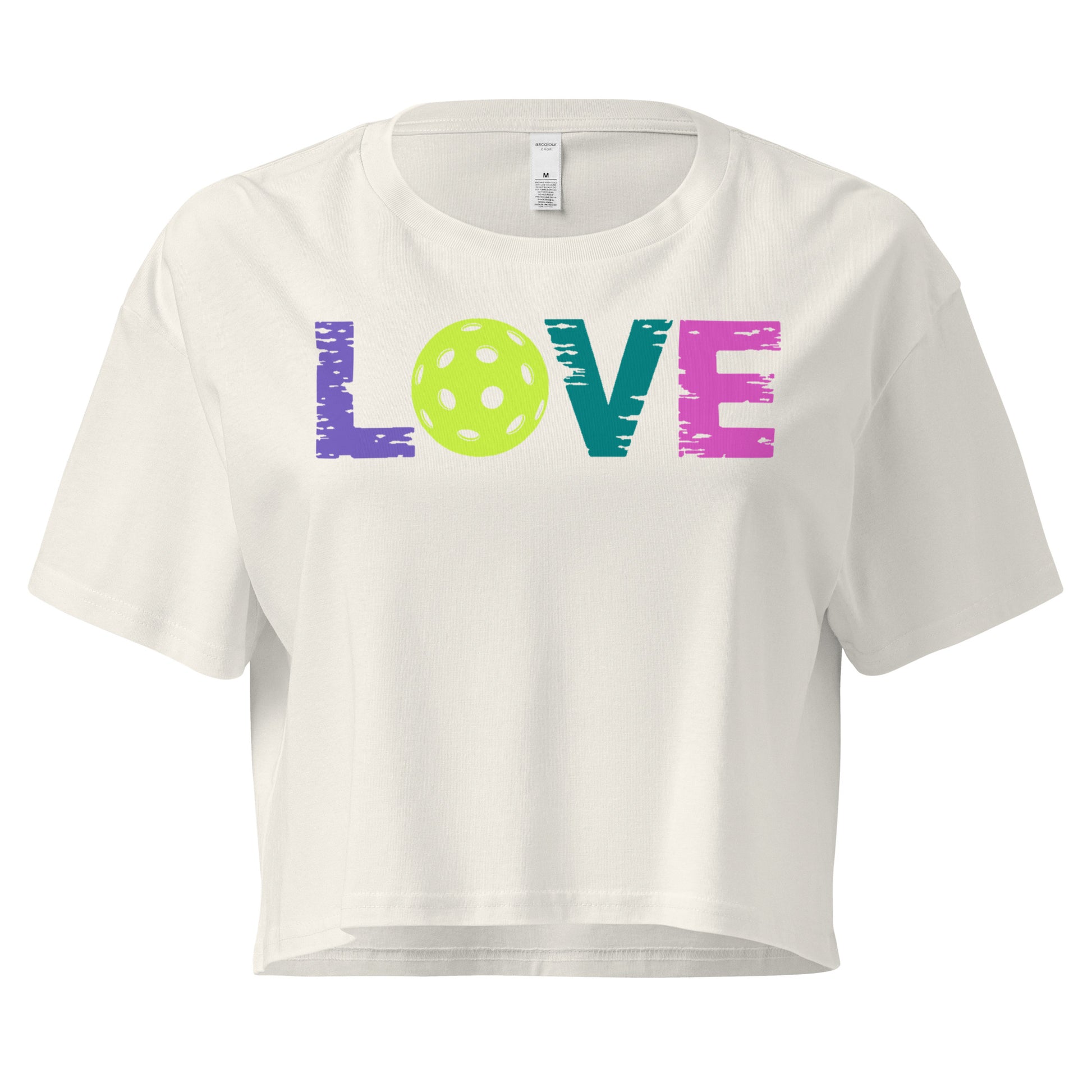 Women’s LOVE Pickleball Crop Top featuring colorful text and a pickleball graphic, stylish and comfortable.