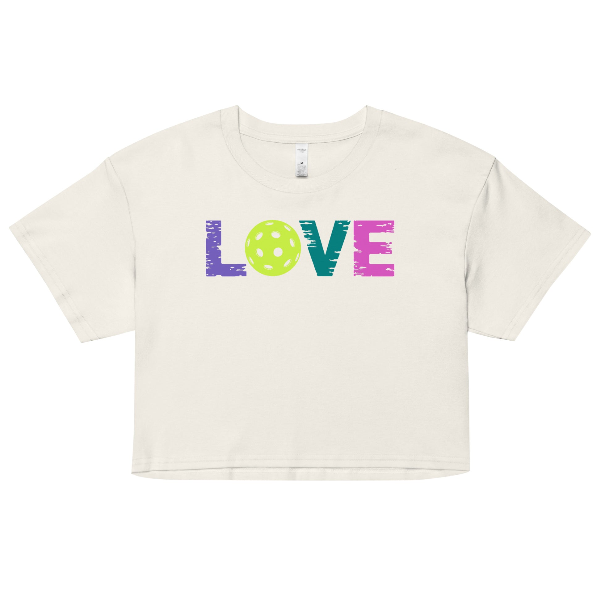 Women’s LOVE Pickleball Crop Top featuring colorful text and a pickleball graphic, perfect for sporty style.