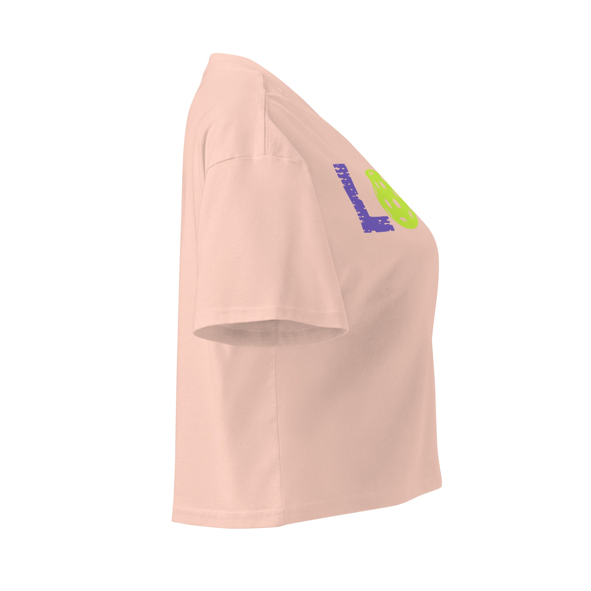 Women’s LOVE Pickleball Crop Top in soft cotton, showcasing stylish side view and vibrant print.
