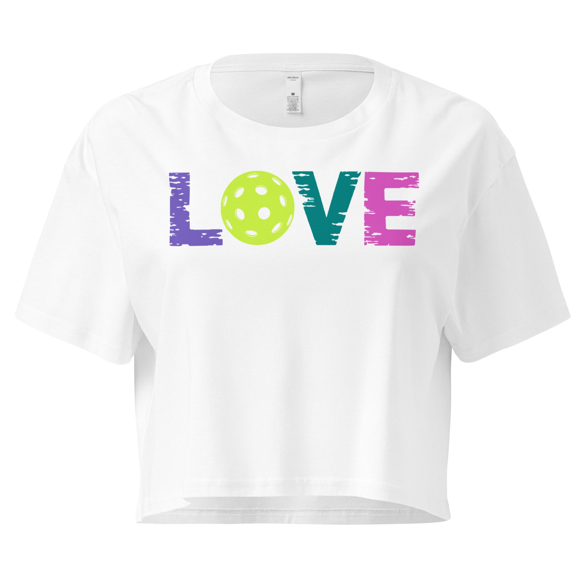 Women’s LOVE Pickleball Crop Top featuring colorful 'LOVE' text and a pickleball design.