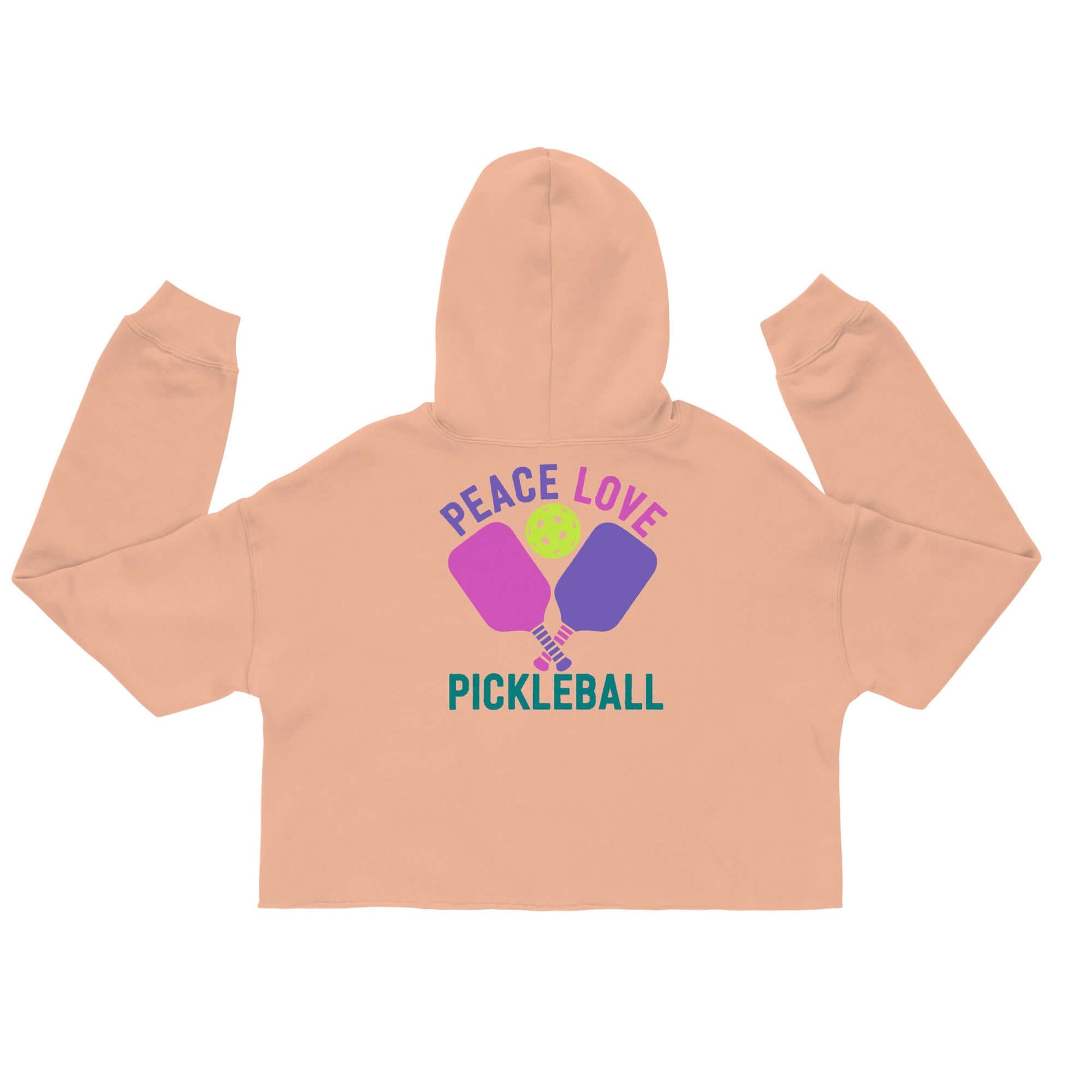 Women's crop hoodie with 'Peace Love Pickleball' graphic and paddles on back, perfect for sporty casual style.