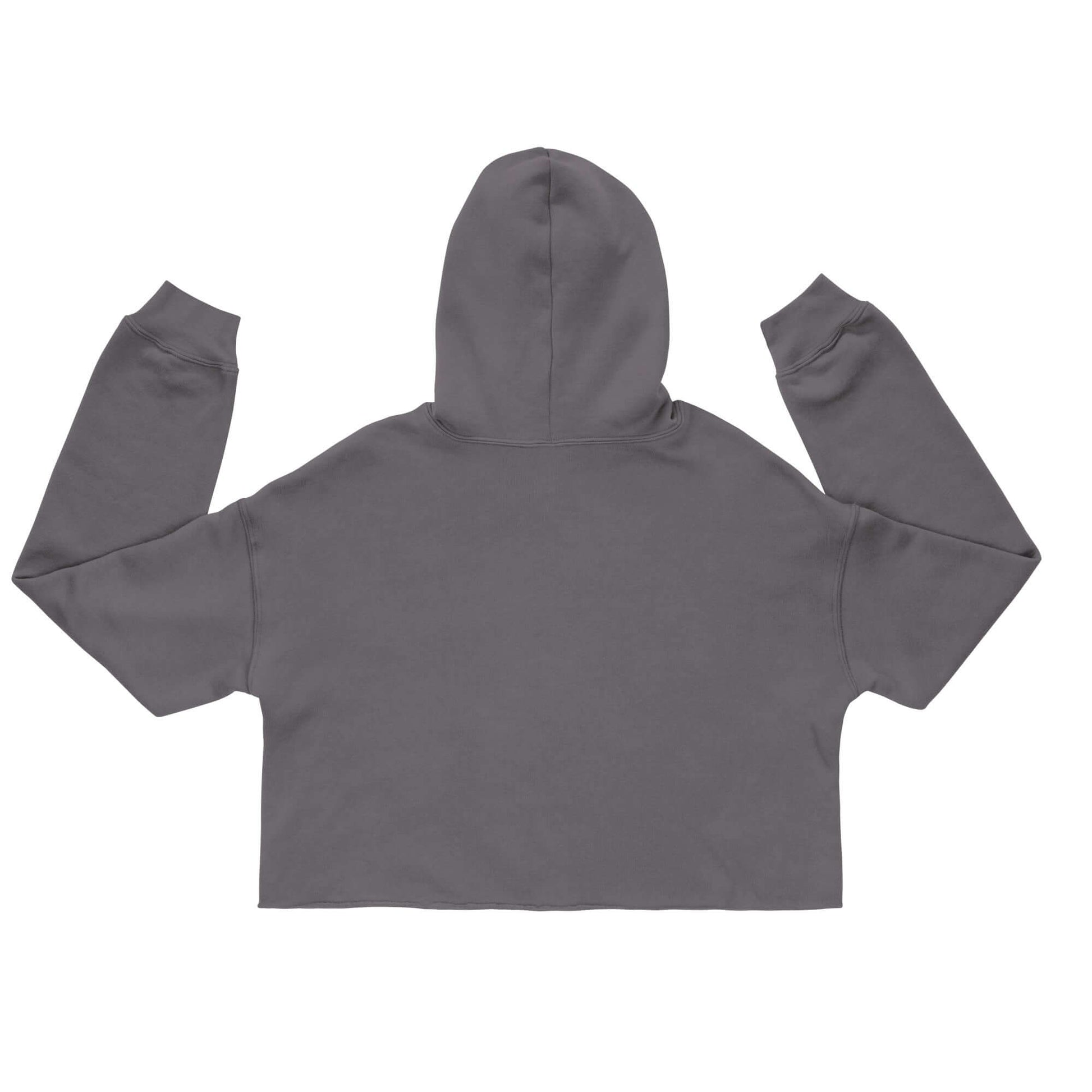 Back view of Women's Peace, Love, Pickleball Crop Hoodie in grey, featuring a hood and cropped design.