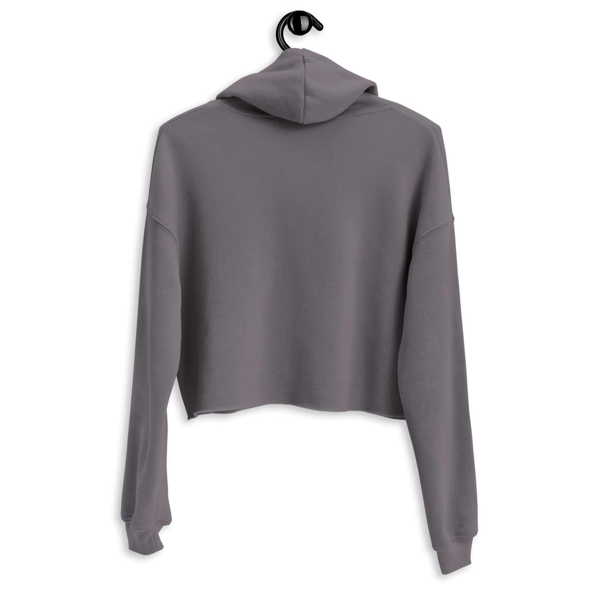 Back view of Women's Peace, Love, Pickleball Crop Hoodie in gray, featuring a cropped fit and hood.