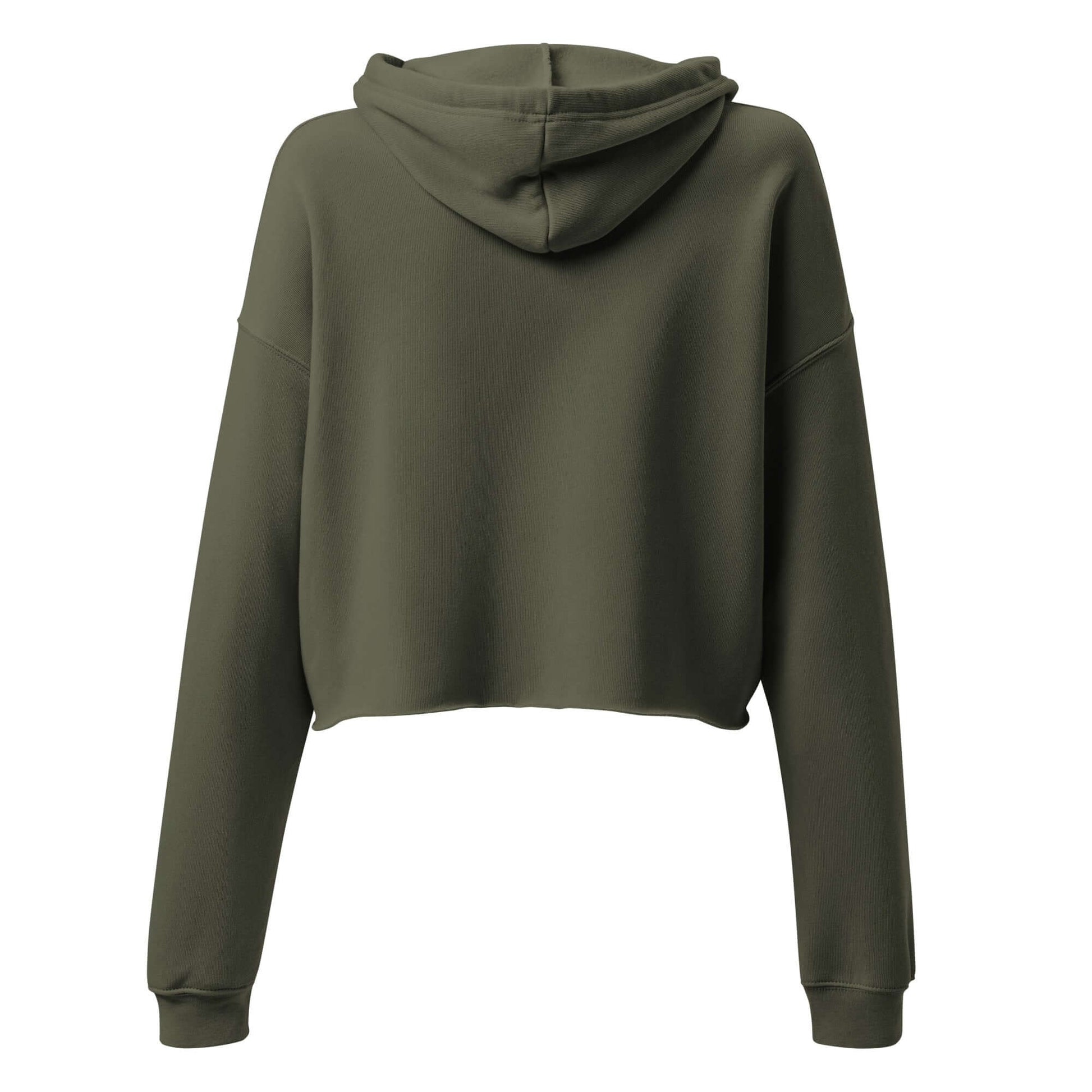 Back view of Women's Peace, Love, Pickleball Crop Hoodie in olive green with a cropped fit and drawstring hood.