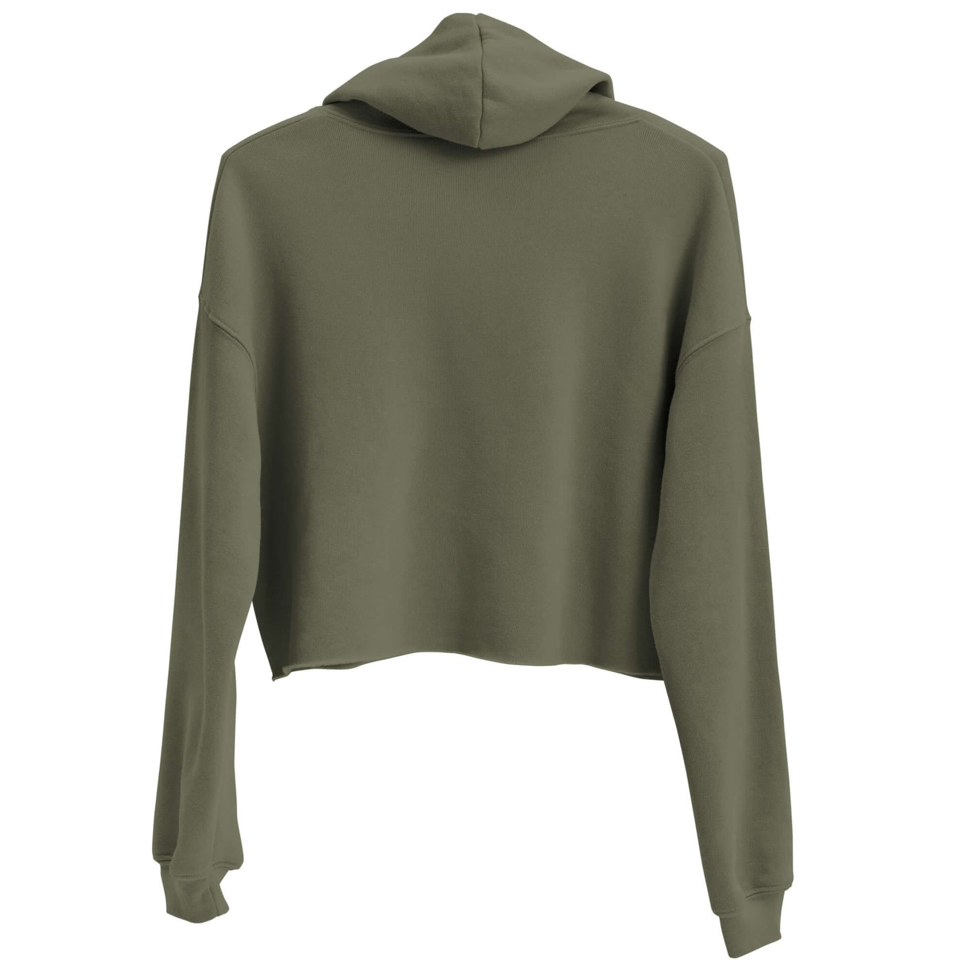 Back view of Women's Peace, Love, Pickleball Crop Hoodie in olive green, showcasing cropped fit and hood.