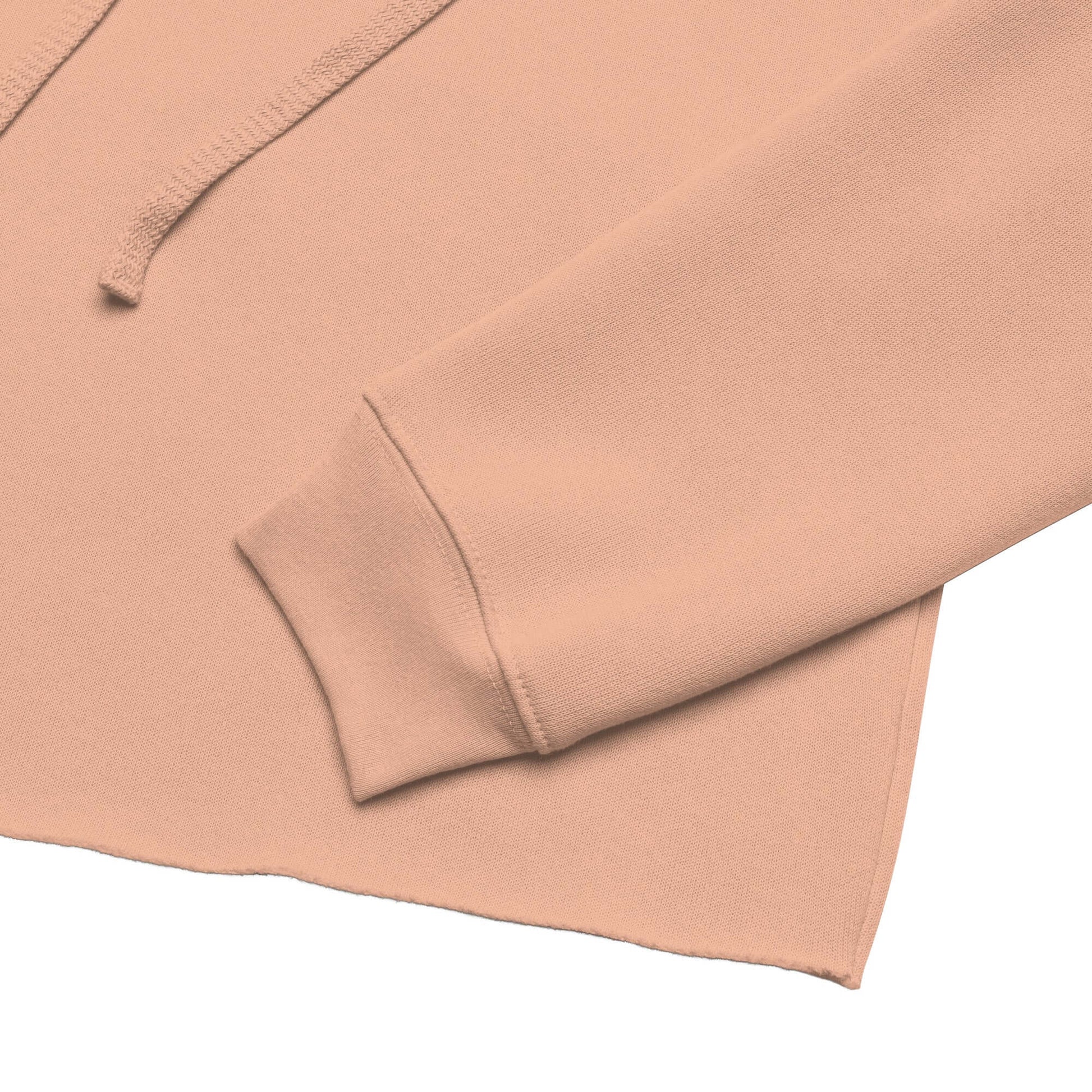 Close-up of Women's Peace, Love, Pickleball Crop Hoodie in soft pink fabric with raw hem and drawstrings.
