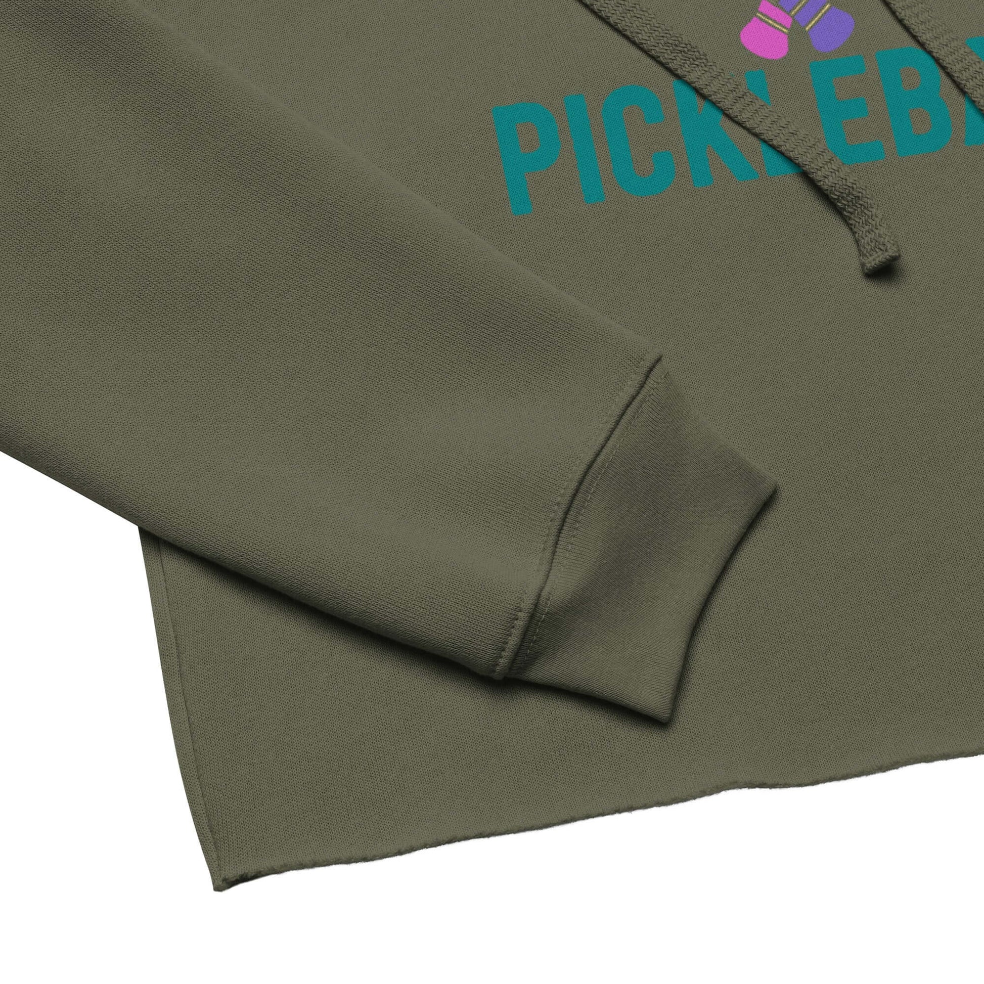 Women's cropped hoodie featuring 'Peace, Love, Pickleball' graphic in stylish olive green.