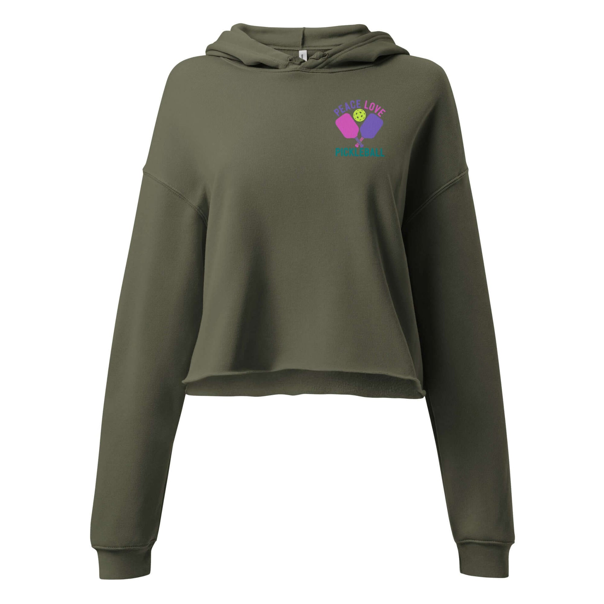 Women's olive green crop hoodie with 'Peace Love Pickleball' graphic, perfect for players on and off the court.