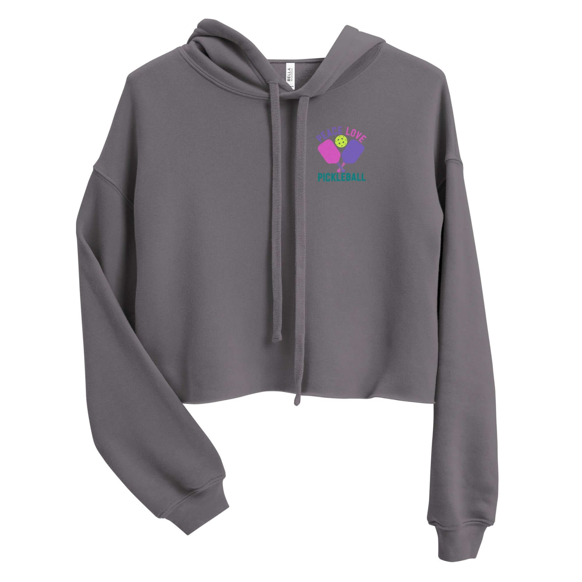 Women's Peace, Love, Pickleball Crop Hoodie in gray with colorful logo design.
