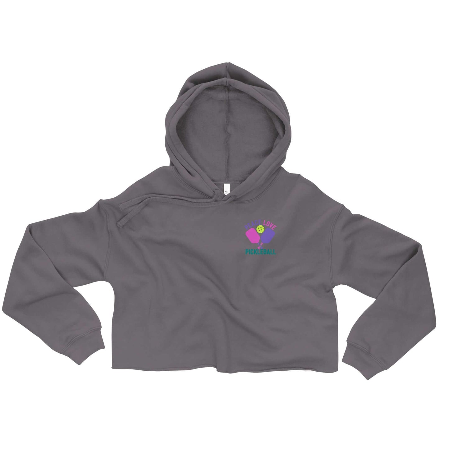 Women's Peace, Love, Pickleball Crop Hoodie in gray with a modern cropped fit and playful design.