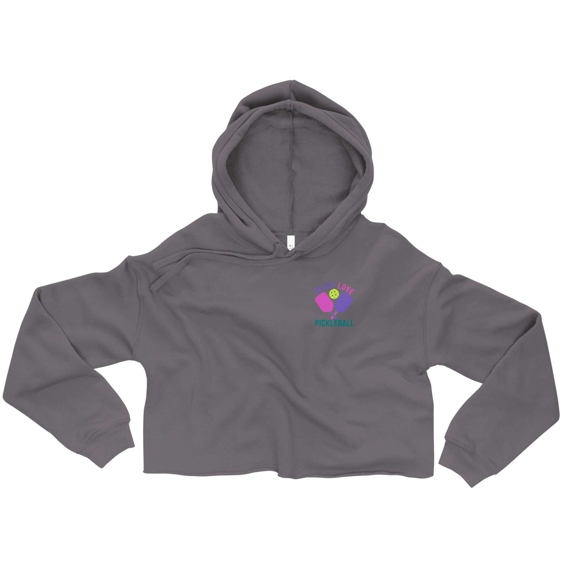 Women's Peace, Love, Pickleball Crop Hoodie in gray with a modern cropped fit and playful design.