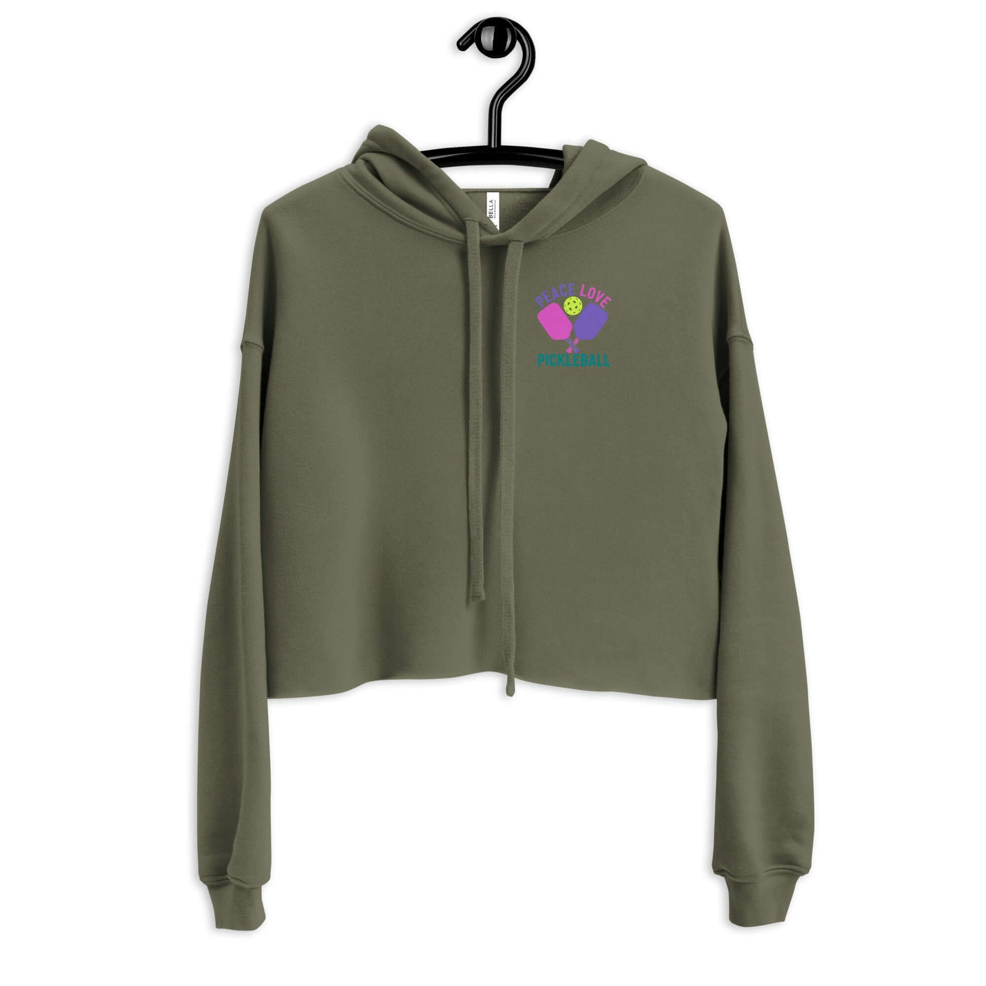 Olive green Women's Peace, Love, Pickleball crop hoodie on a hanger, featuring a trendy design and comfortable fit.