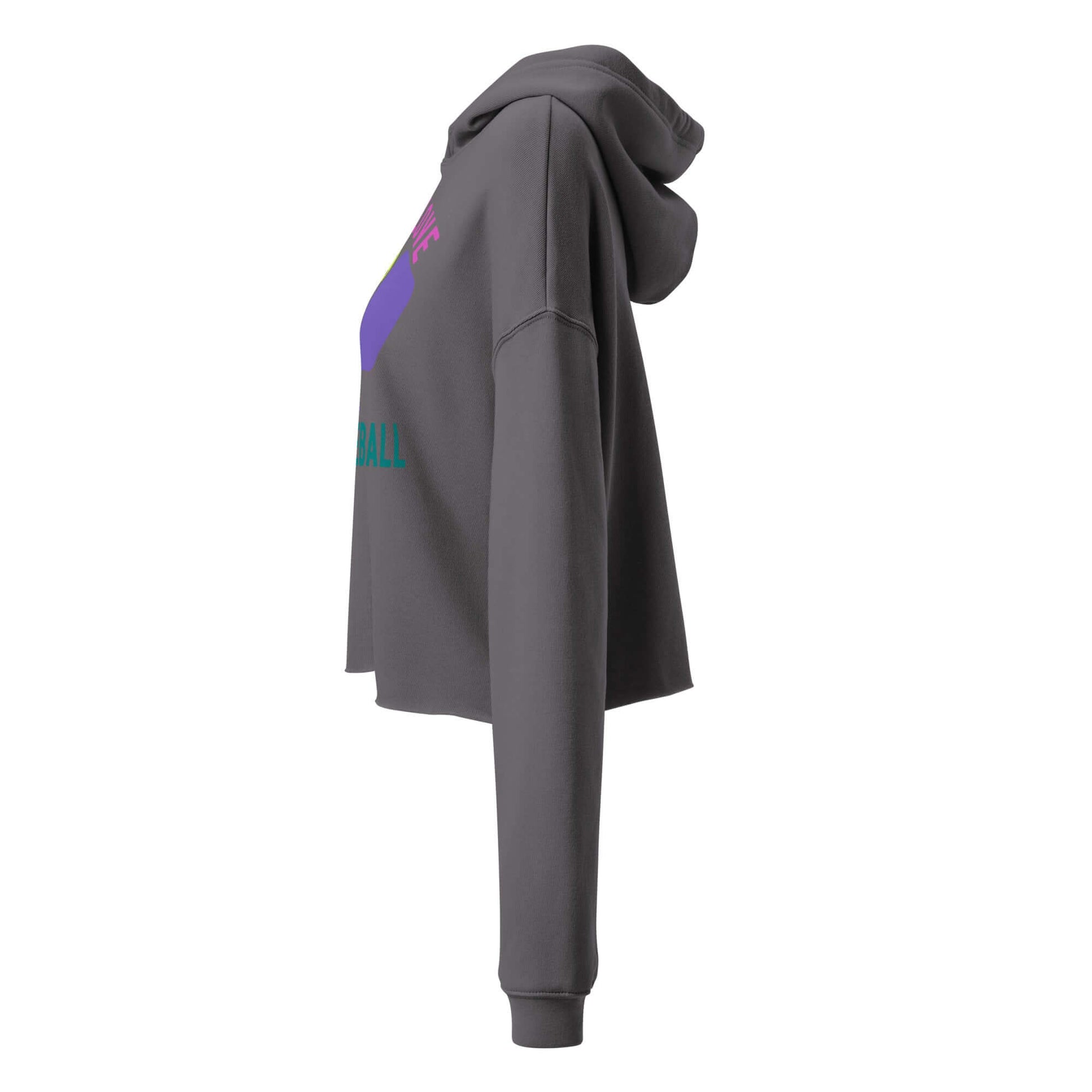 Side view of Women's Peace, Love, Pickleball Crop Hoodie in gray with colorful graphics.