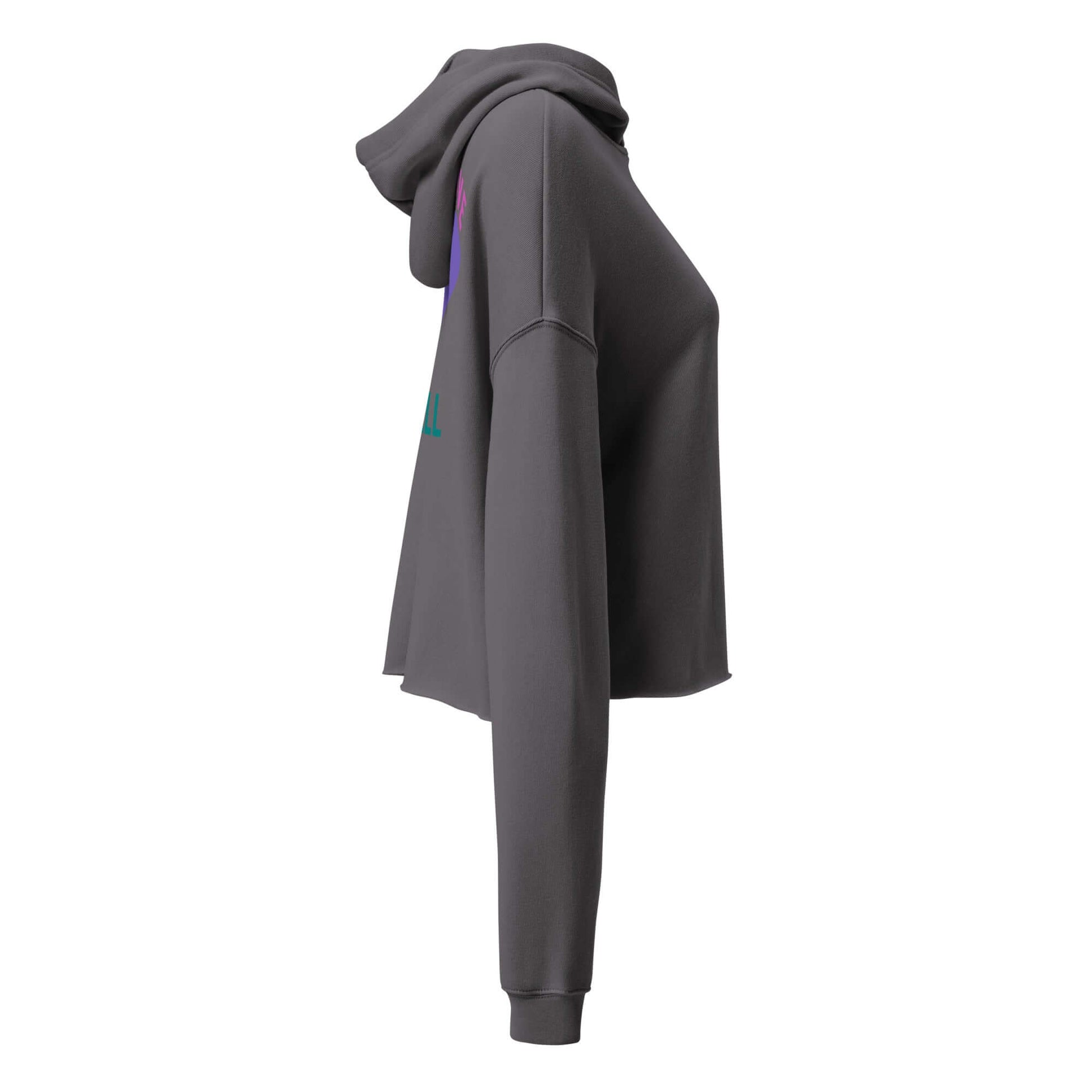 Side view of Women's Peace, Love, Pickleball Crop Hoodie in gray showcasing the trendy cropped fit and sporty design.