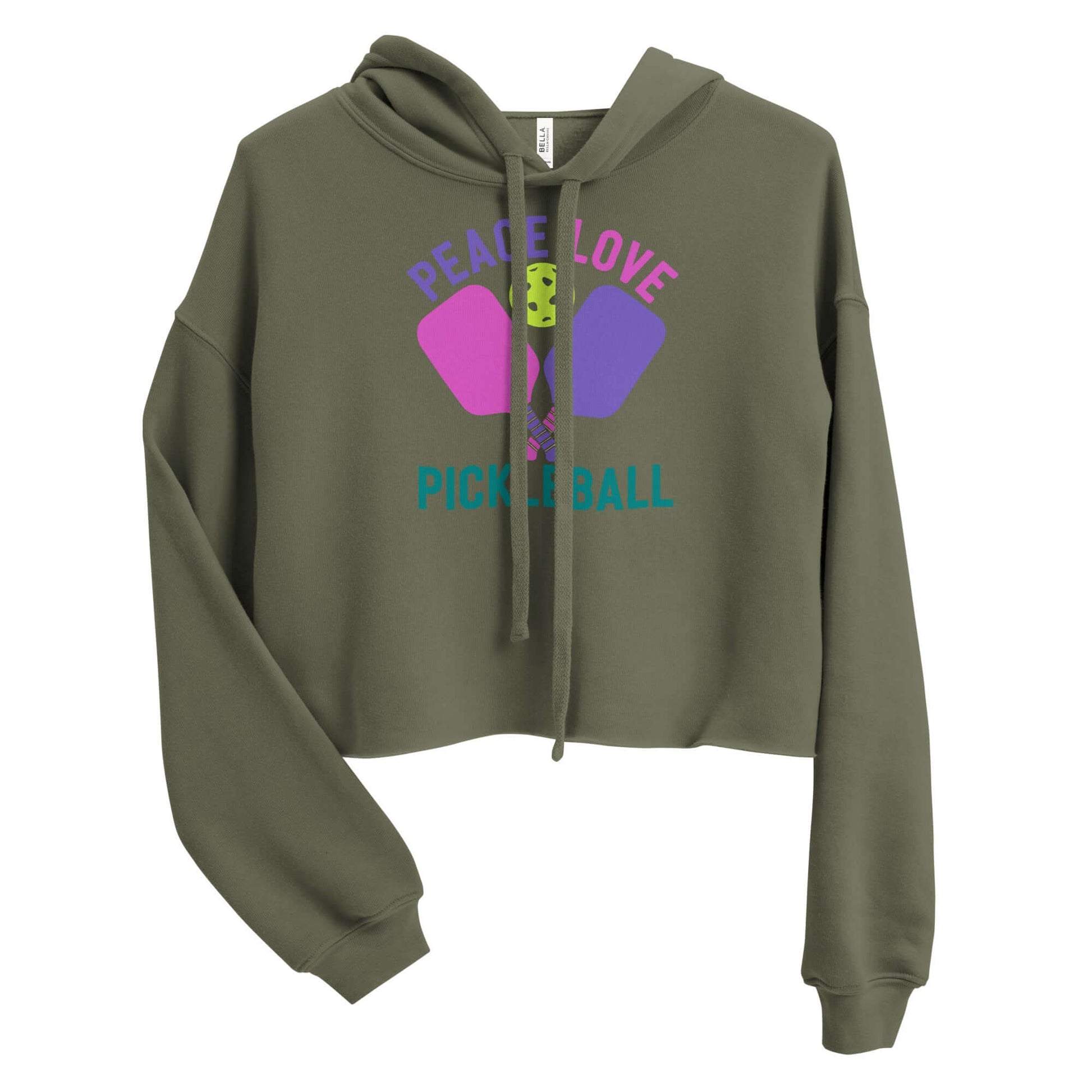 Women's cropped hoodie in olive green with 'Peace Love Pickleball' graphic design.