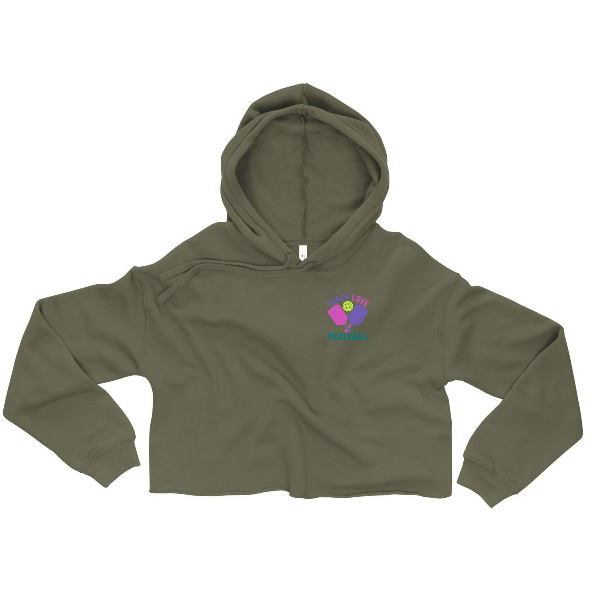 Women's olive green crop hoodie with 'Peace Love Pickleball' design, perfect for stylish pickleball players.