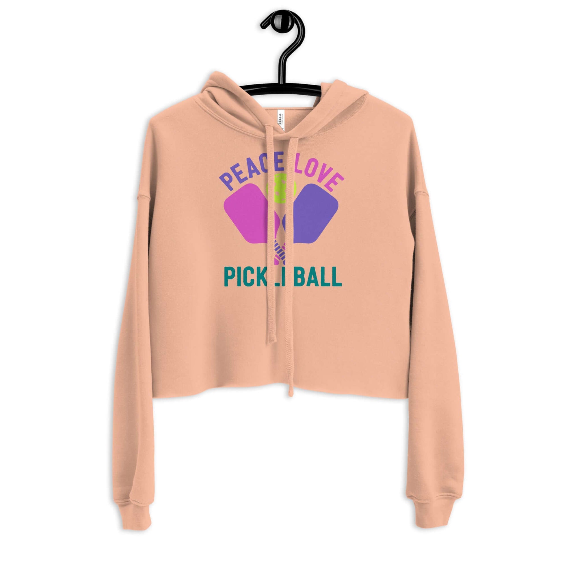 Women's cropped hoodie with 'Peace Love Pickleball' graphic, perfect for stylish players on and off the court.