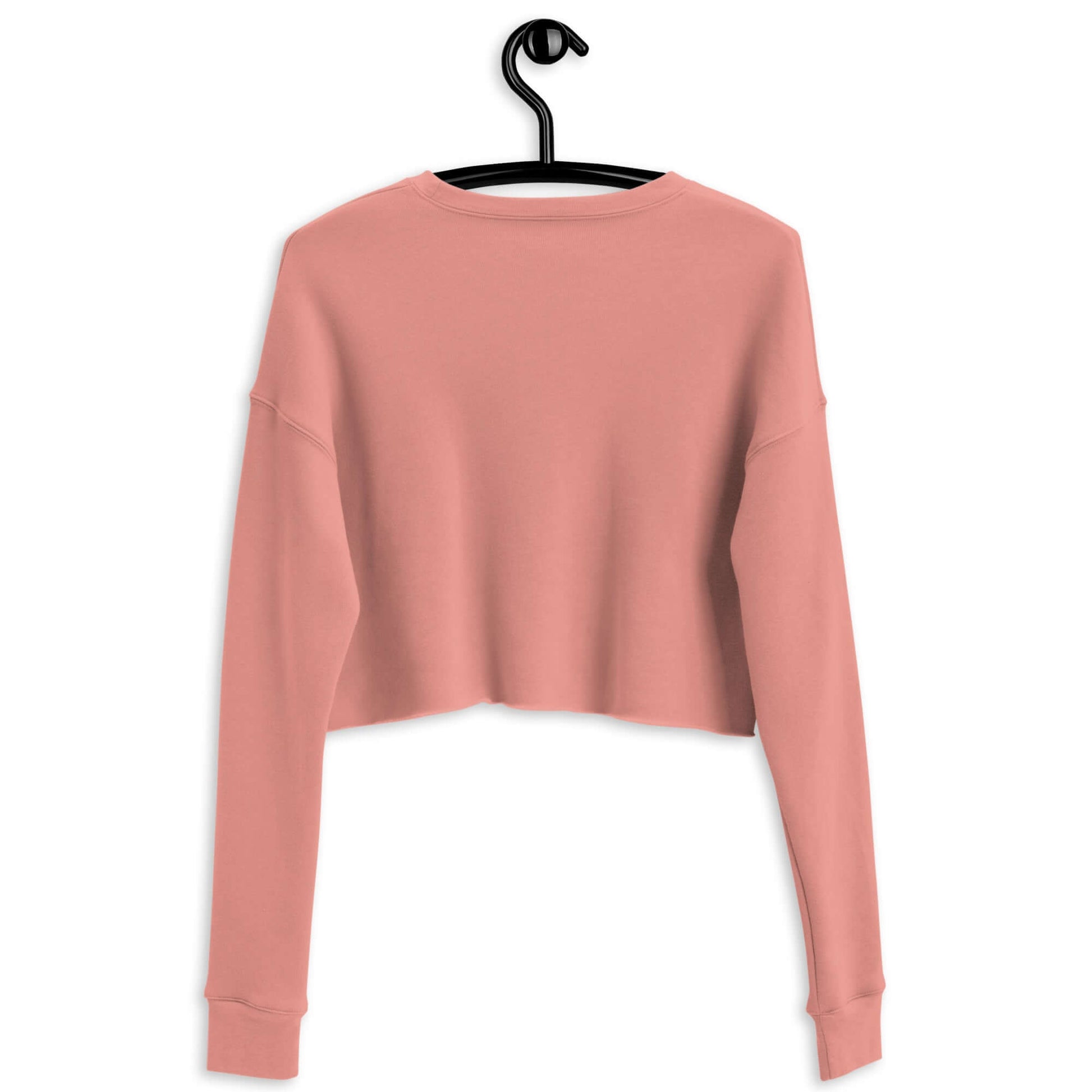 Back view of a women's pink crop sweatshirt on a hanger, perfect for pickleball and casual wear.