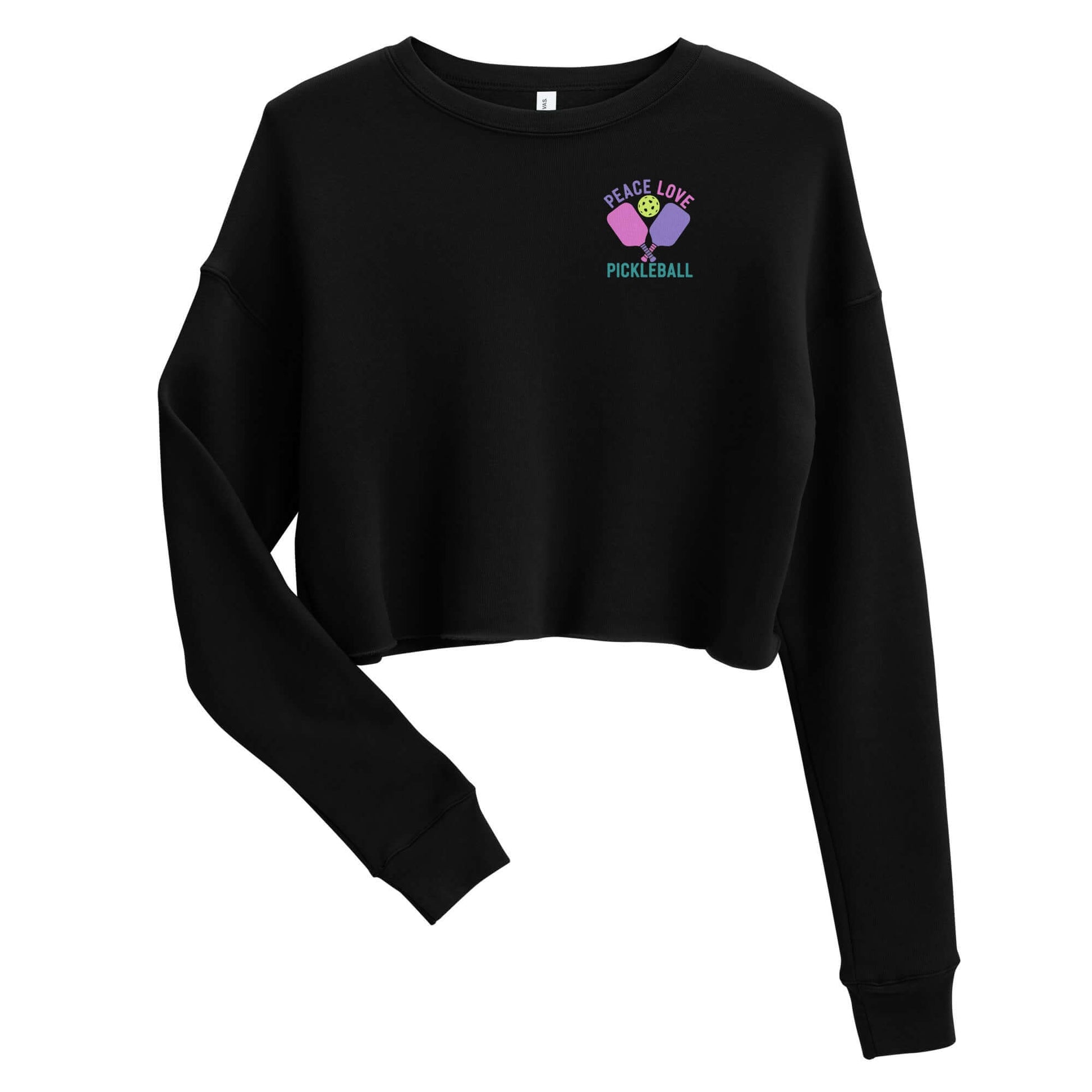 Women's black crop sweatshirt with 'Peace Love Pickleball' graphic, perfect for stylish pickleball fans.