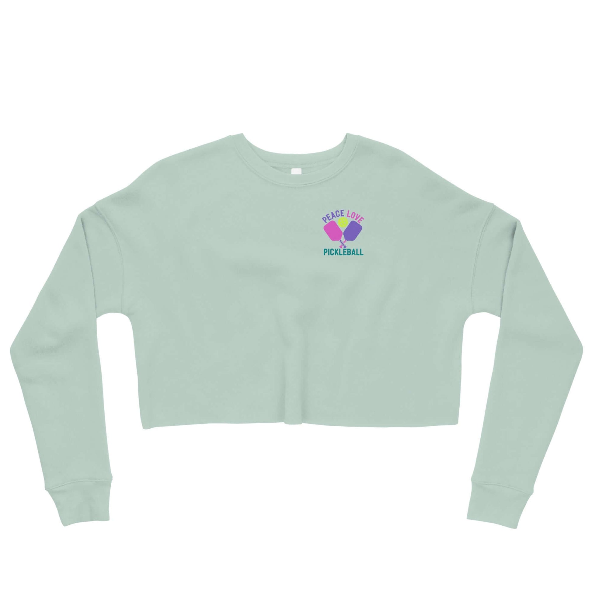 Women's crop sweatshirt featuring 'Peace, Love, Pickleball' design in a trendy mint green color.