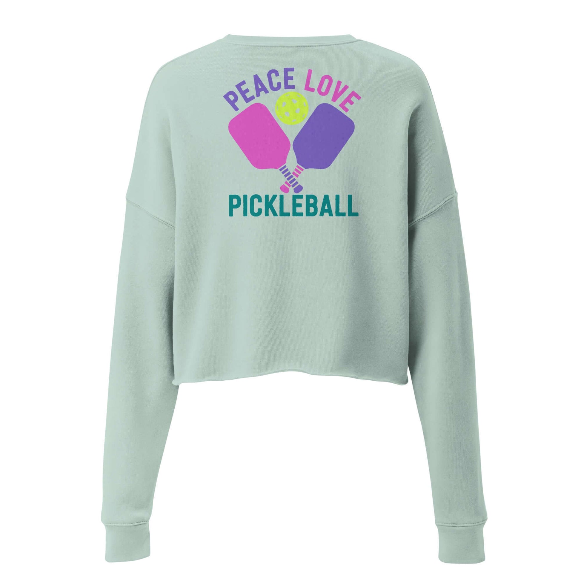 Back view of Women's Peace, Love, Pickleball Crop Sweatshirt in mint green with paddle design.
