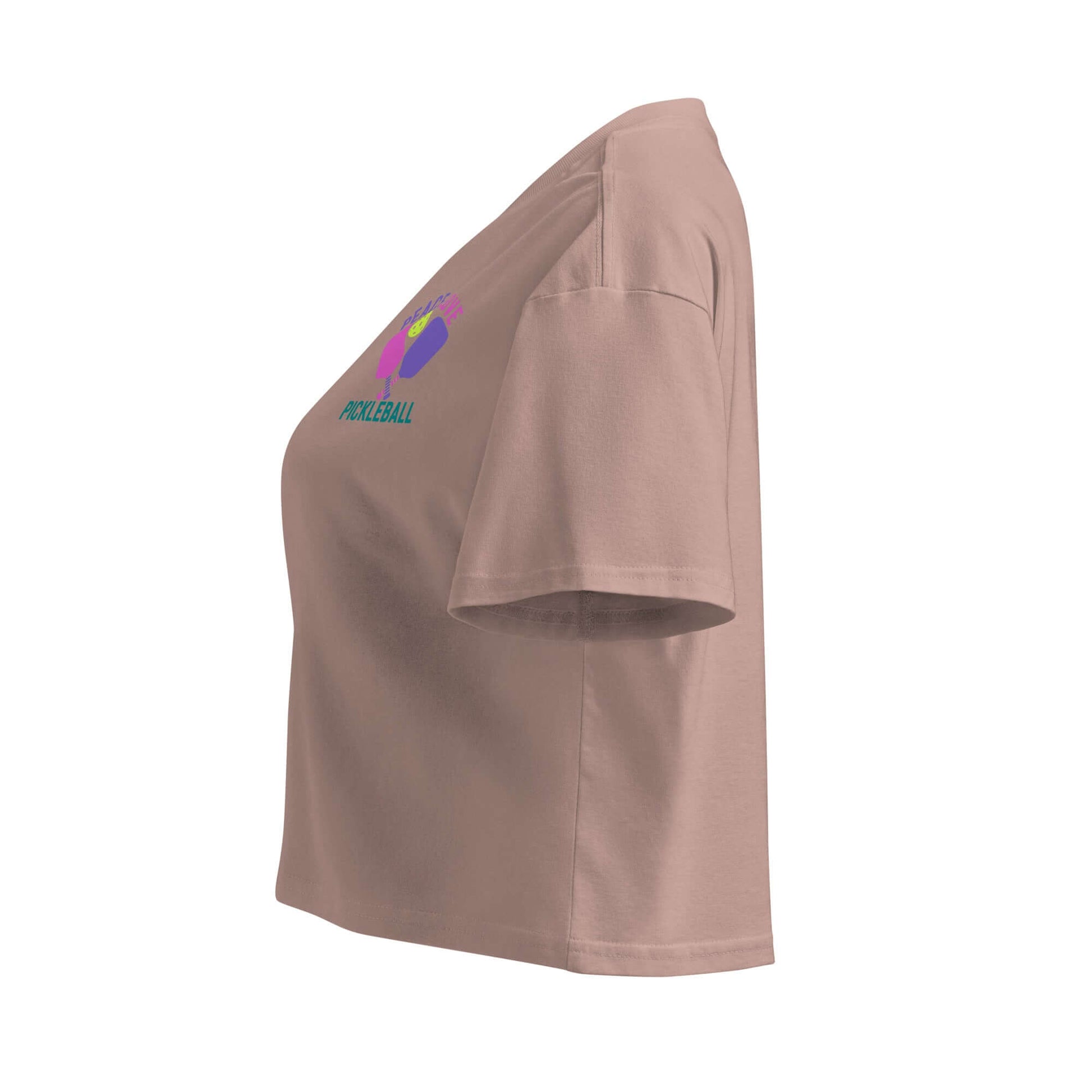 Women's Peace, Love, Pickleball Crop Top in earthy tone, featuring sporty design and colorful graphic.