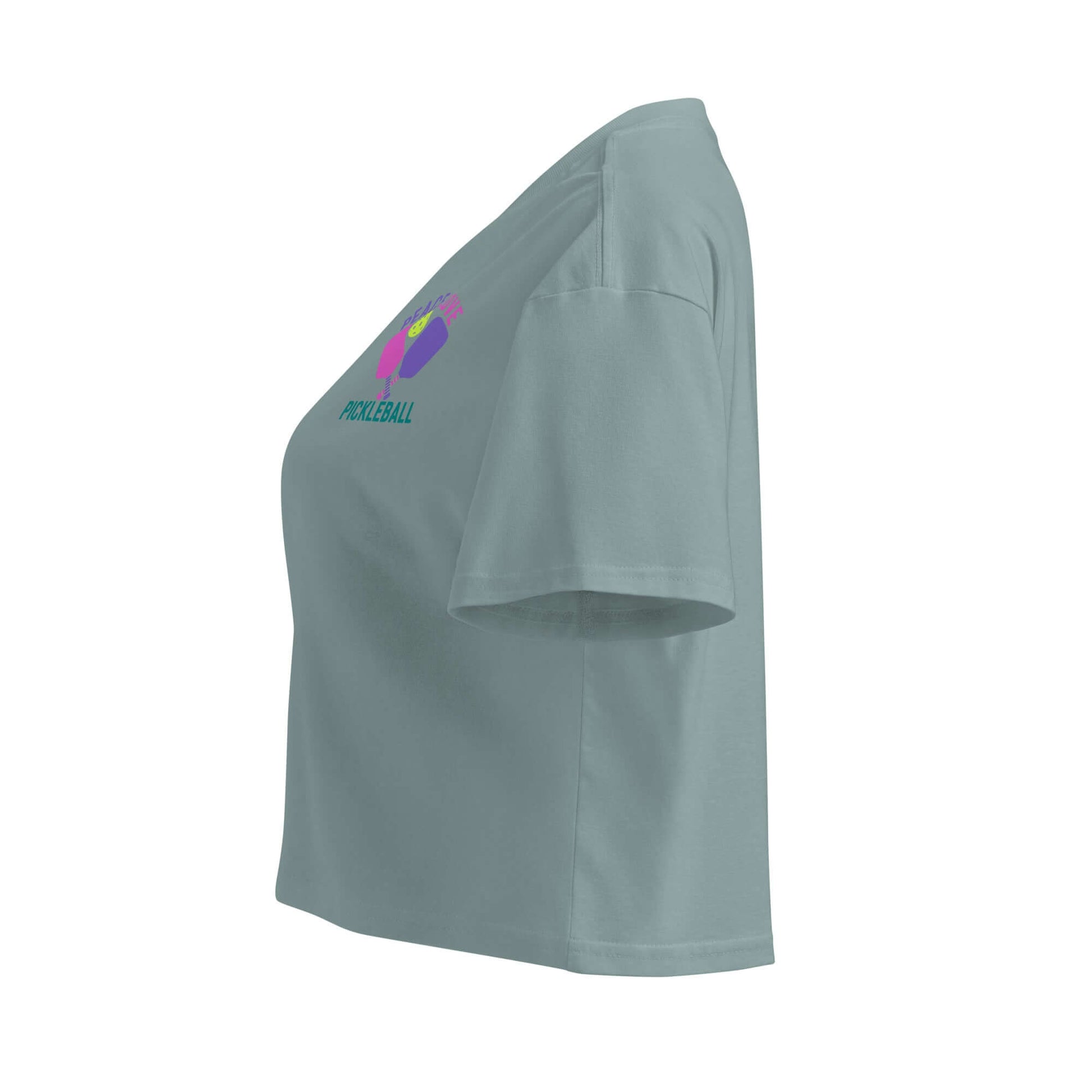 Women's Peace, Love, Pickleball Crop Top in sage green, featuring stylish graphic design.
