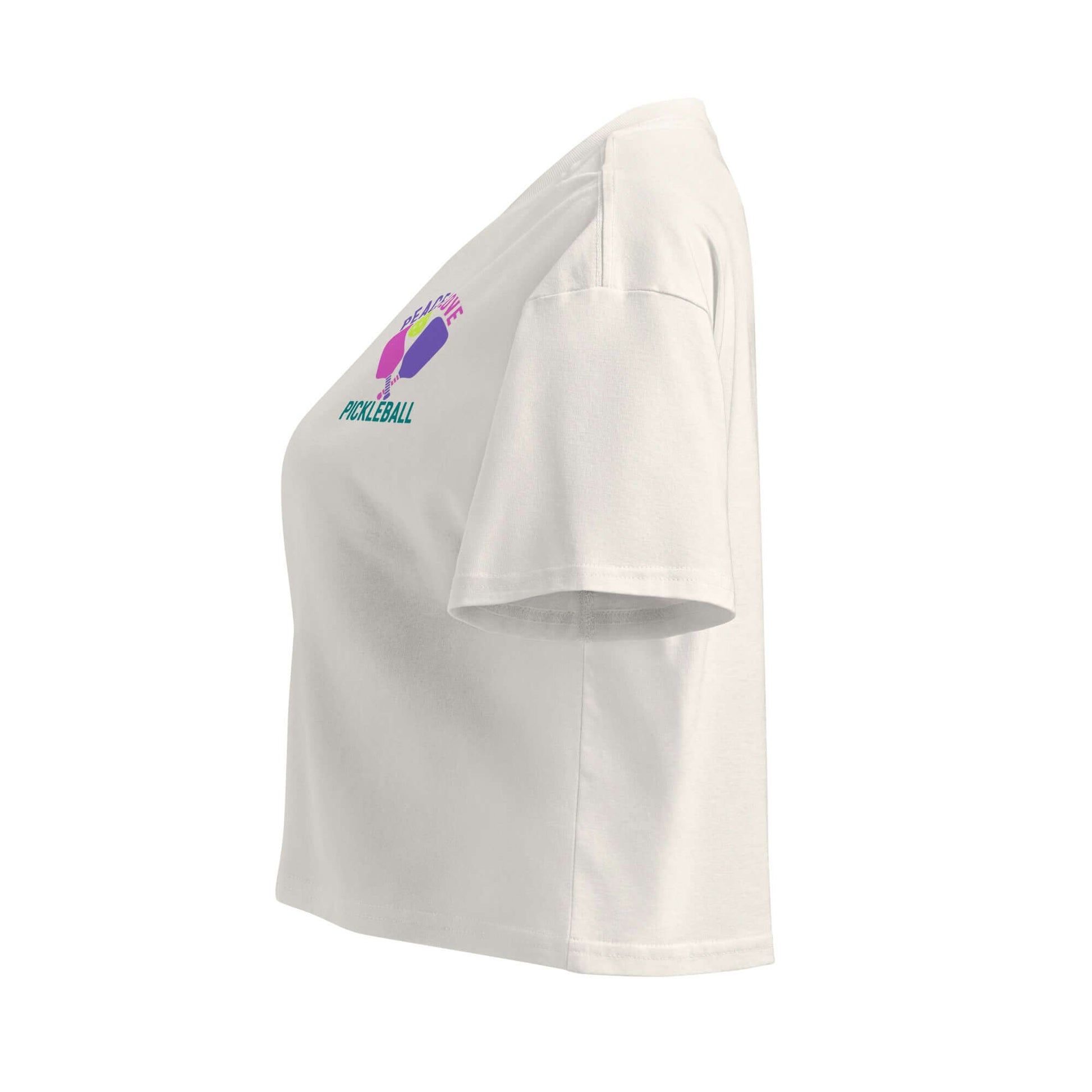 Women's Peace, Love, Pickleball Crop Top in white, showcasing a chic sporty design, perfect for on and off the court.