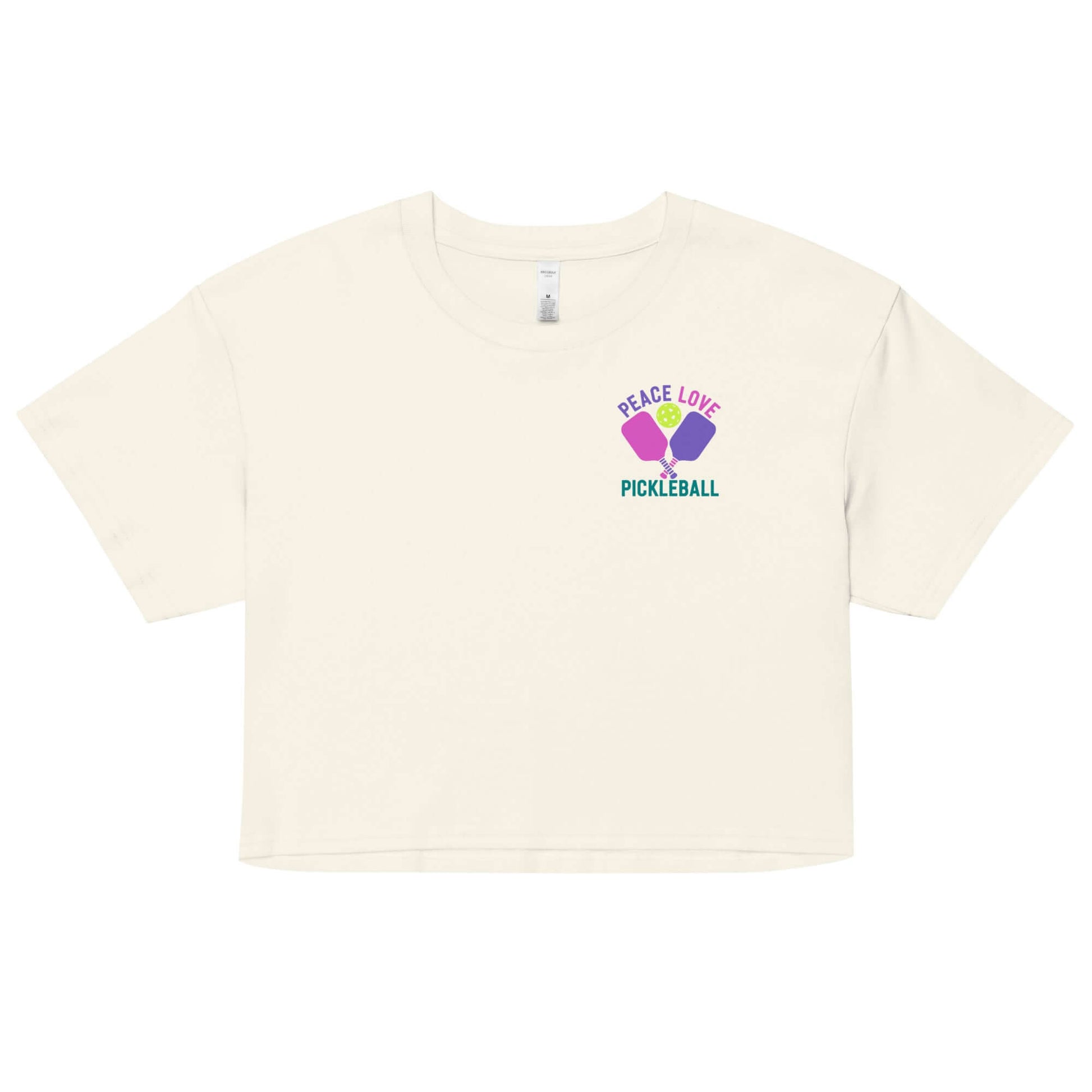 Women's crop top featuring 'Peace Love Pickleball' design in pastel colors.