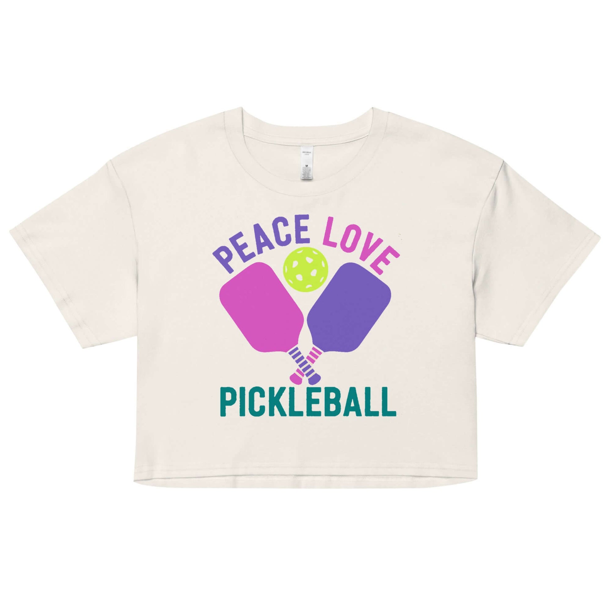 Women's crop top featuring 'Peace, Love, Pickleball' design with paddles and a ball.