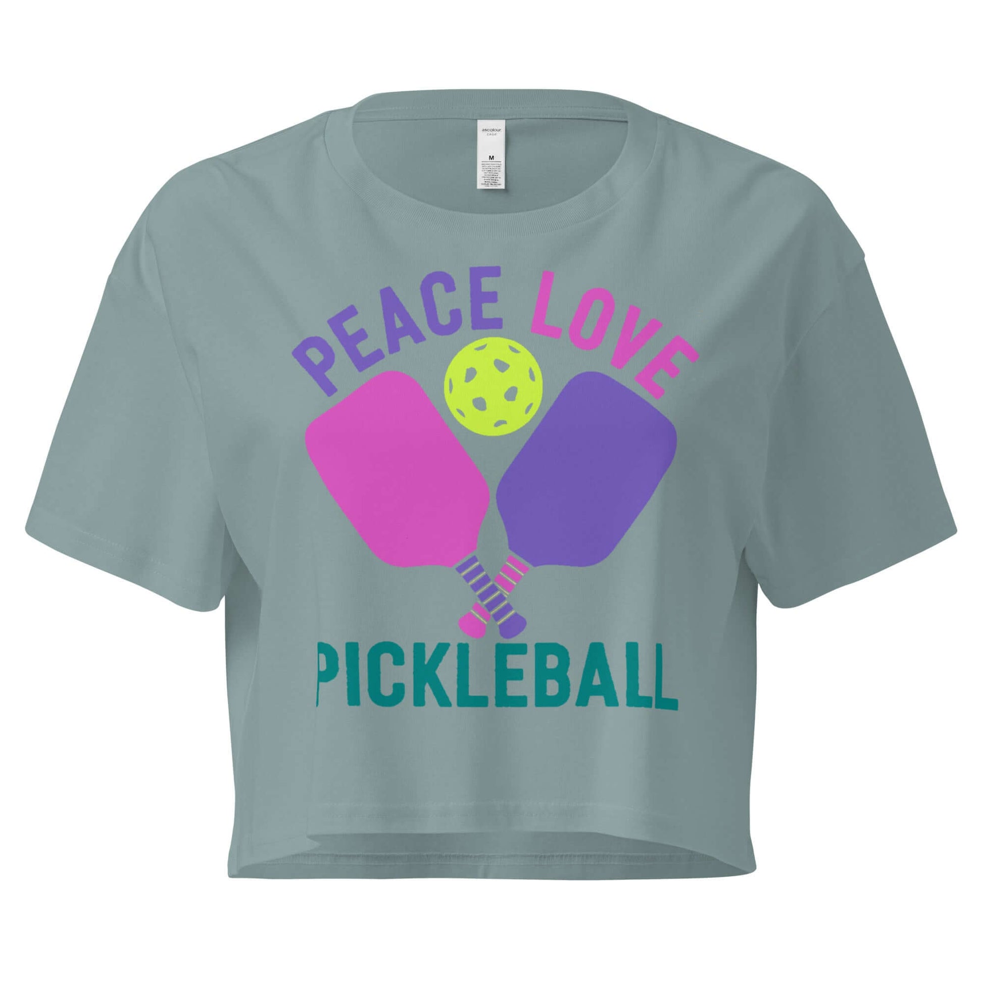 Women’s Peace, Love, Pickleball crop top featuring vibrant design and paddles, perfect for active and stylish play.