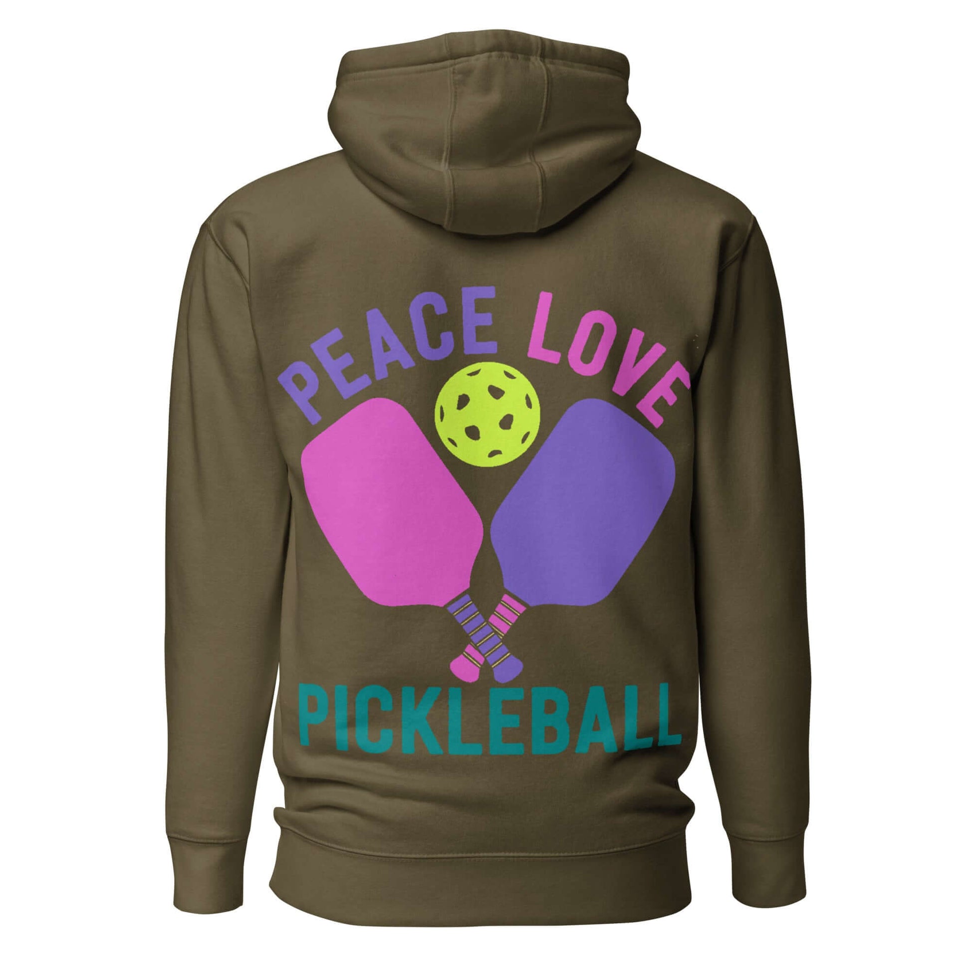 Back view of Women's Peace, Love, Pickleball Hoodie with colorful graphic design featuring paddles and a pickleball.