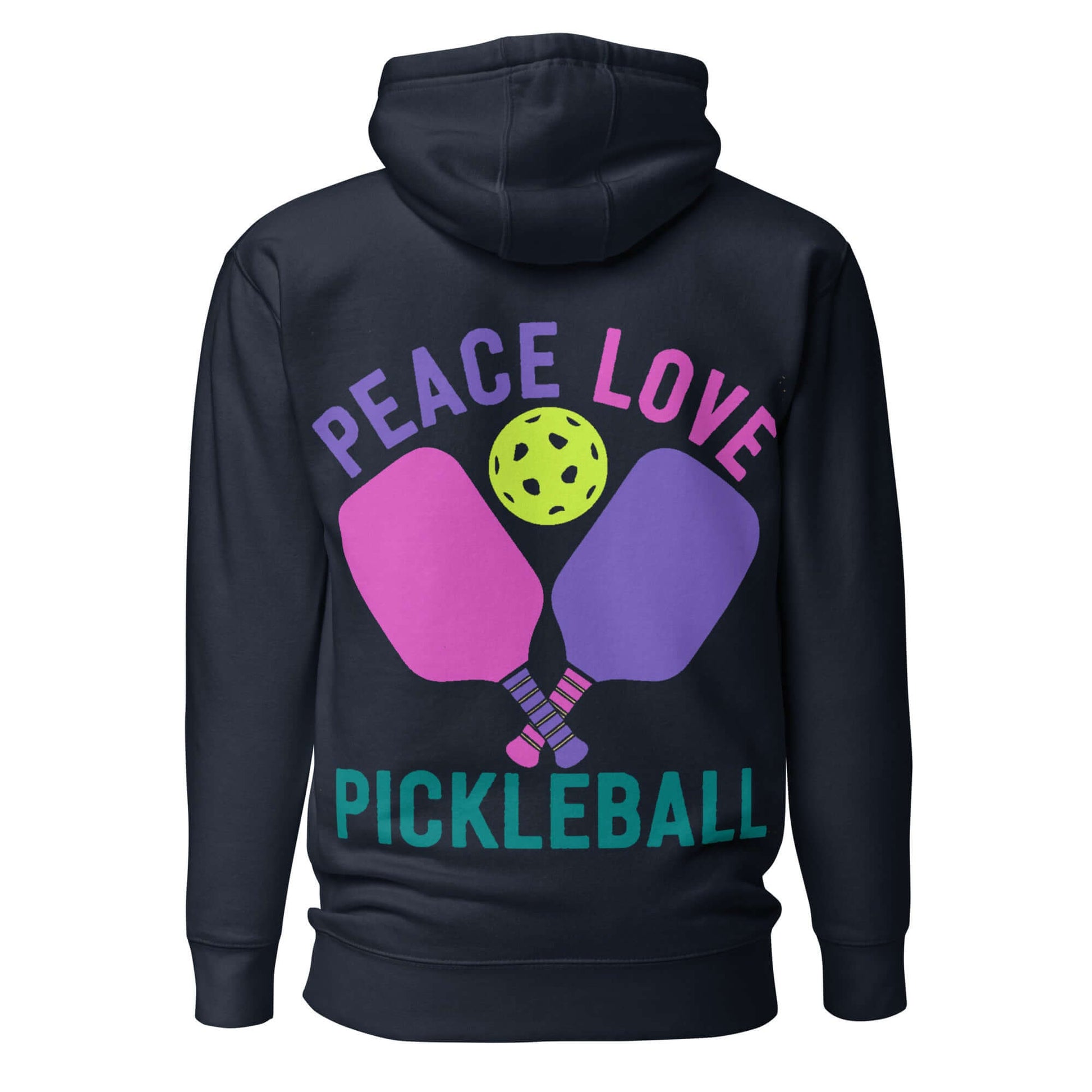 Back view of Women's Peace, Love, Pickleball Hoodie featuring colorful graphic design with paddles and ball.