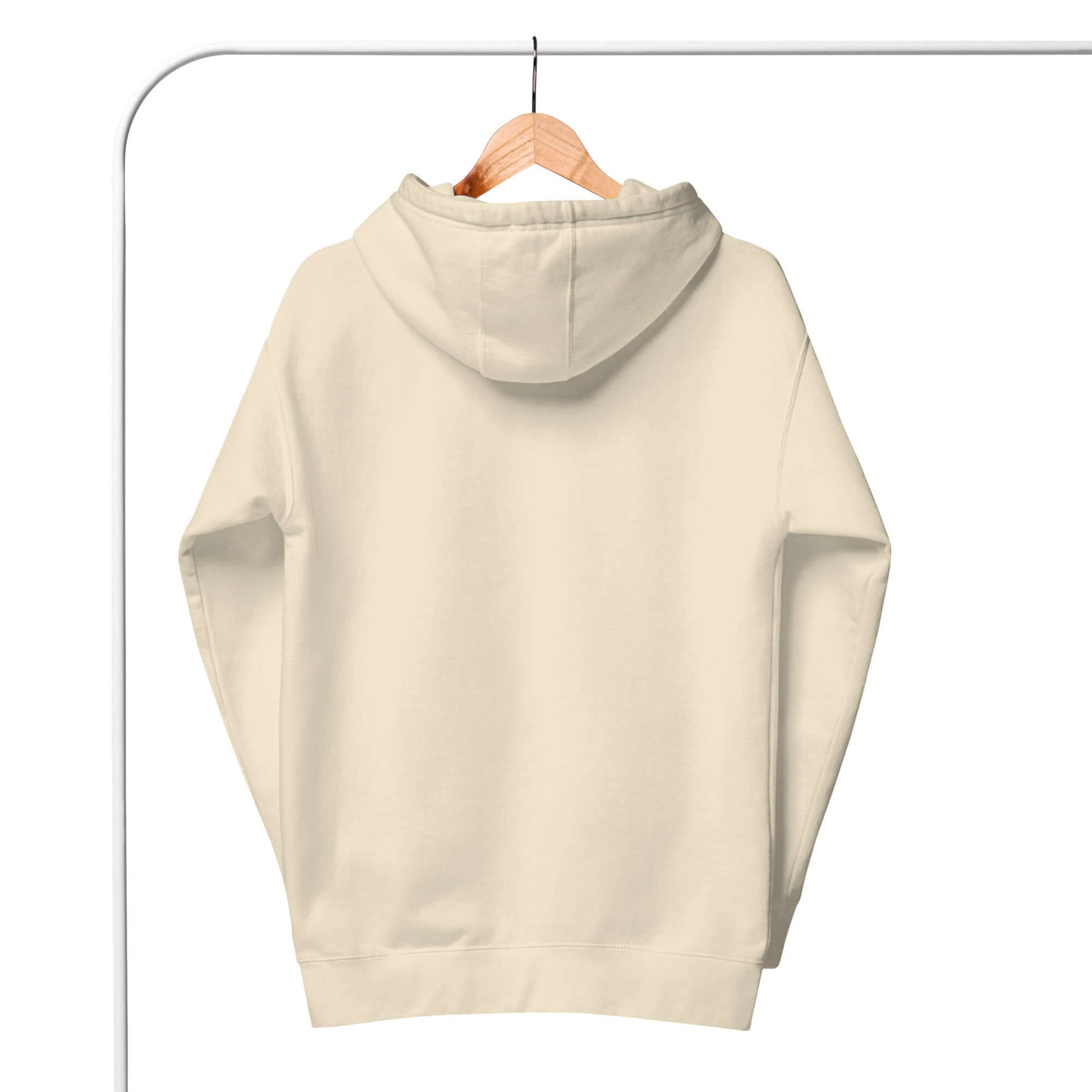 Back view of Women's Peace, Love, Pickleball Hoodie hanging on a wooden hanger, showcasing its comfy design.