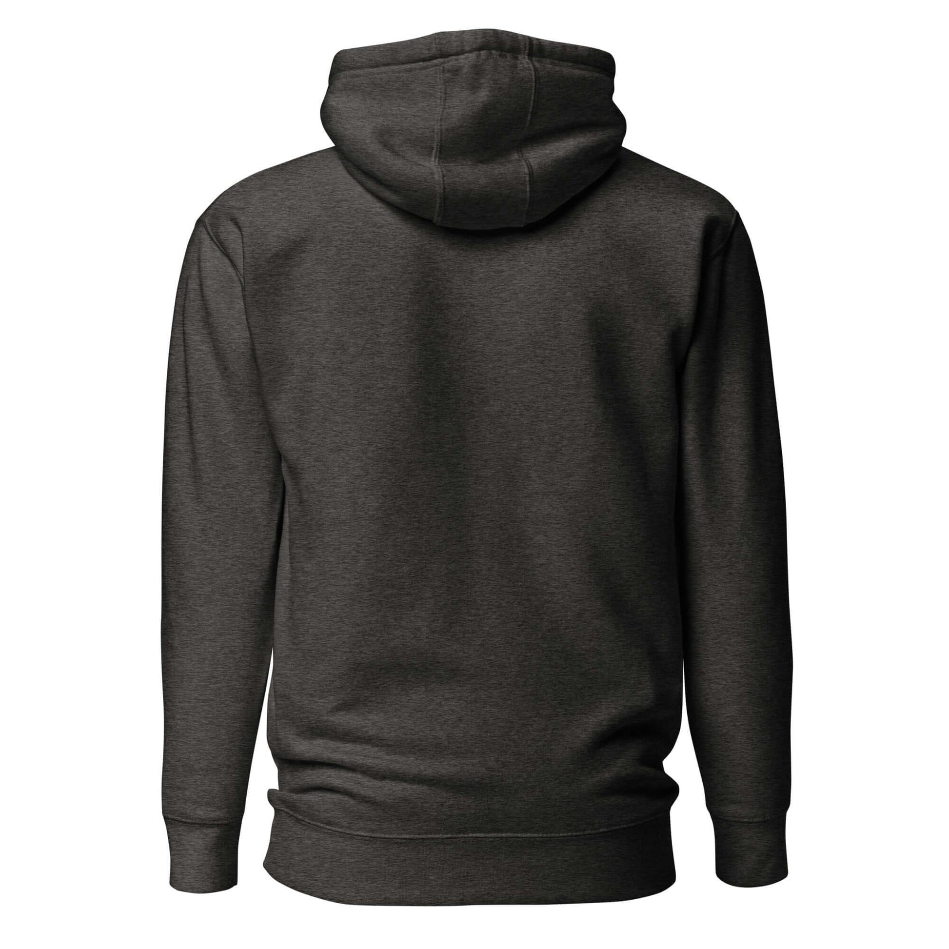 Back view of a women's dark gray hoodie, ideal for casual wear and showing off a love for pickleball.